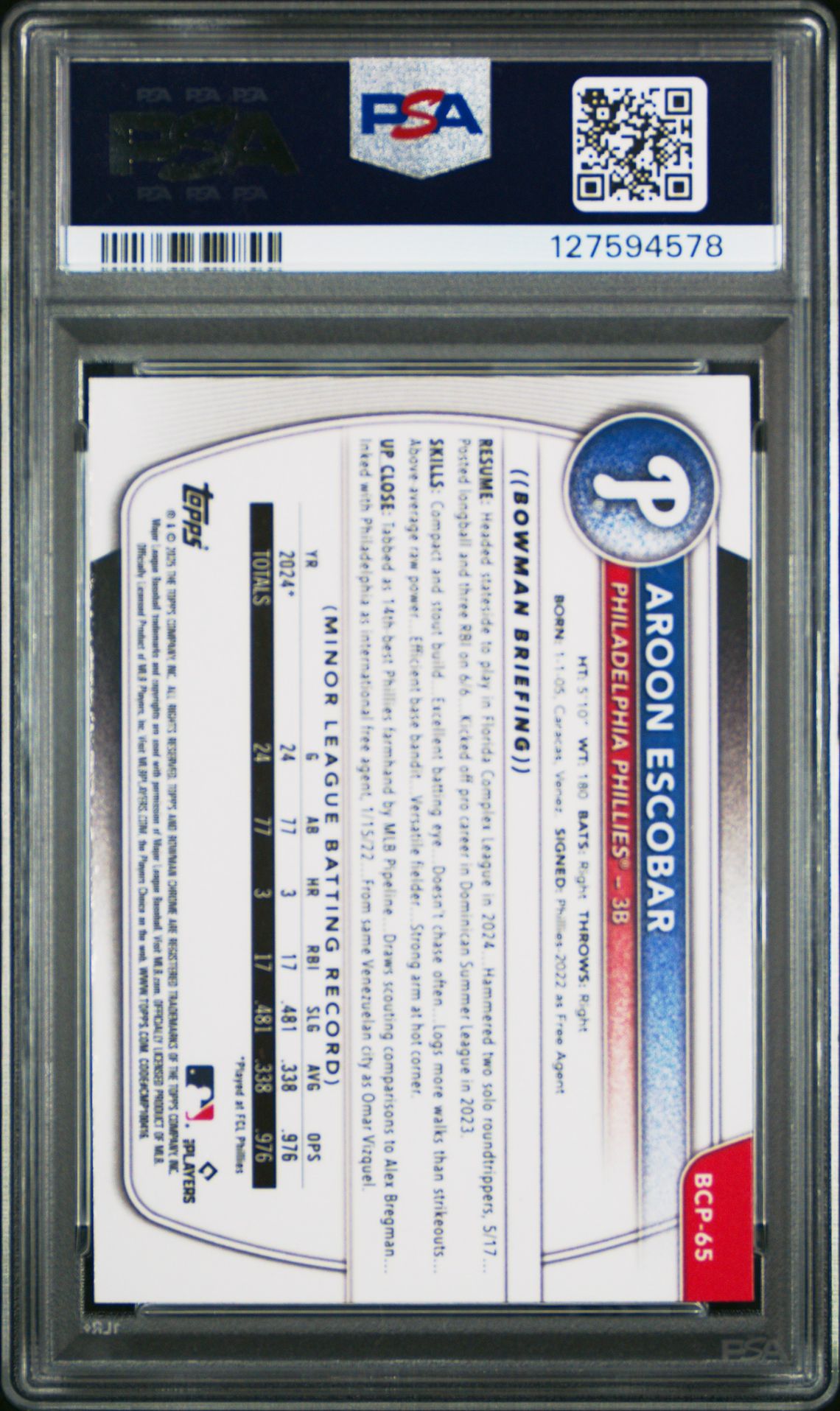 2025 Bowman Chrome Prospects Aroon Escobar #Bcp65 Mint 9 back