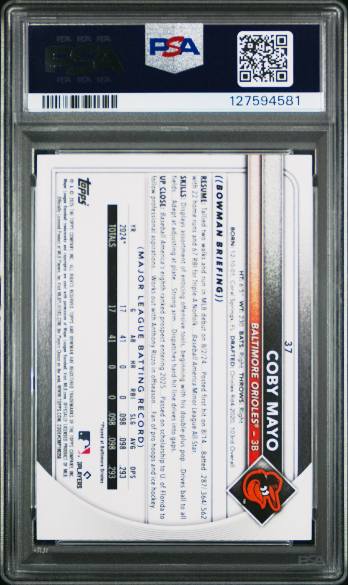 2025 Bowman Coby Mayo #37 (Gold) Mint 9 back