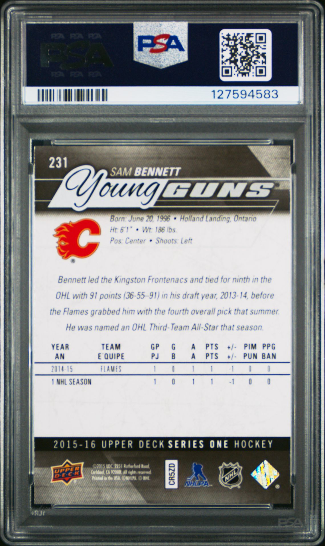 2015 Upper Deck Sam Bennett #231 Gem Mt 10 back