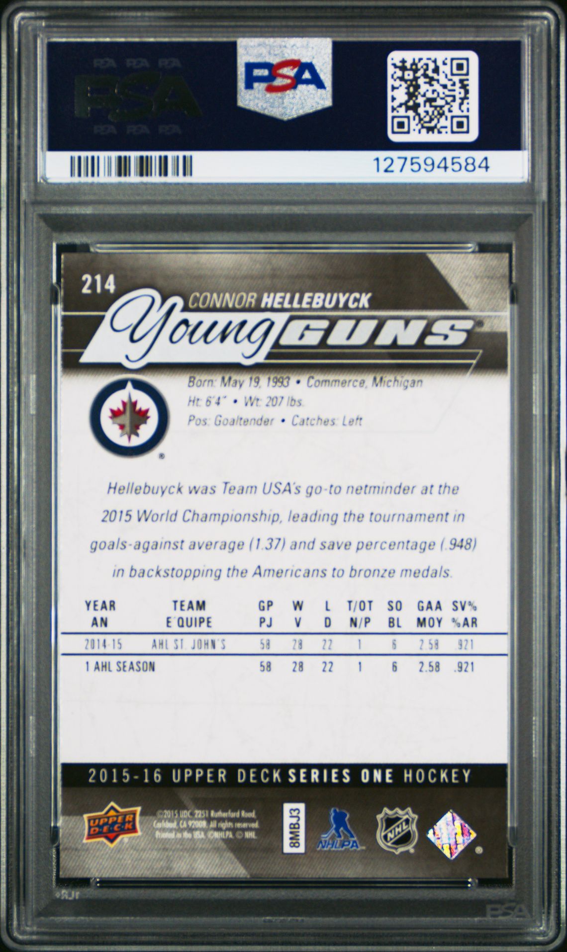 2015 Upper Deck Connor Hellebuyck #214 Gem Mt 10 back