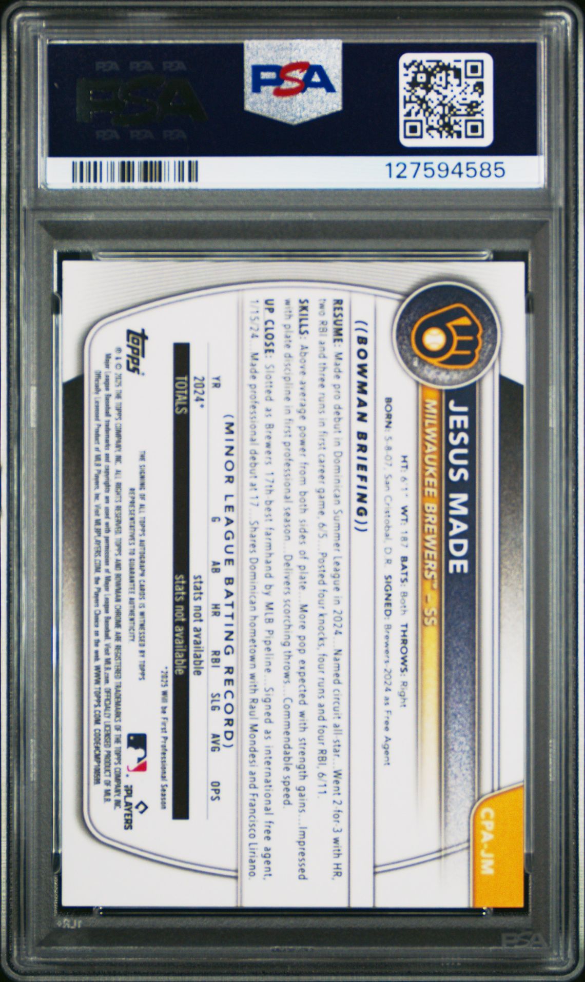 2025 Bowman Chrome Prospect Autographs Jesus Made #Cpajm Mint 9 back