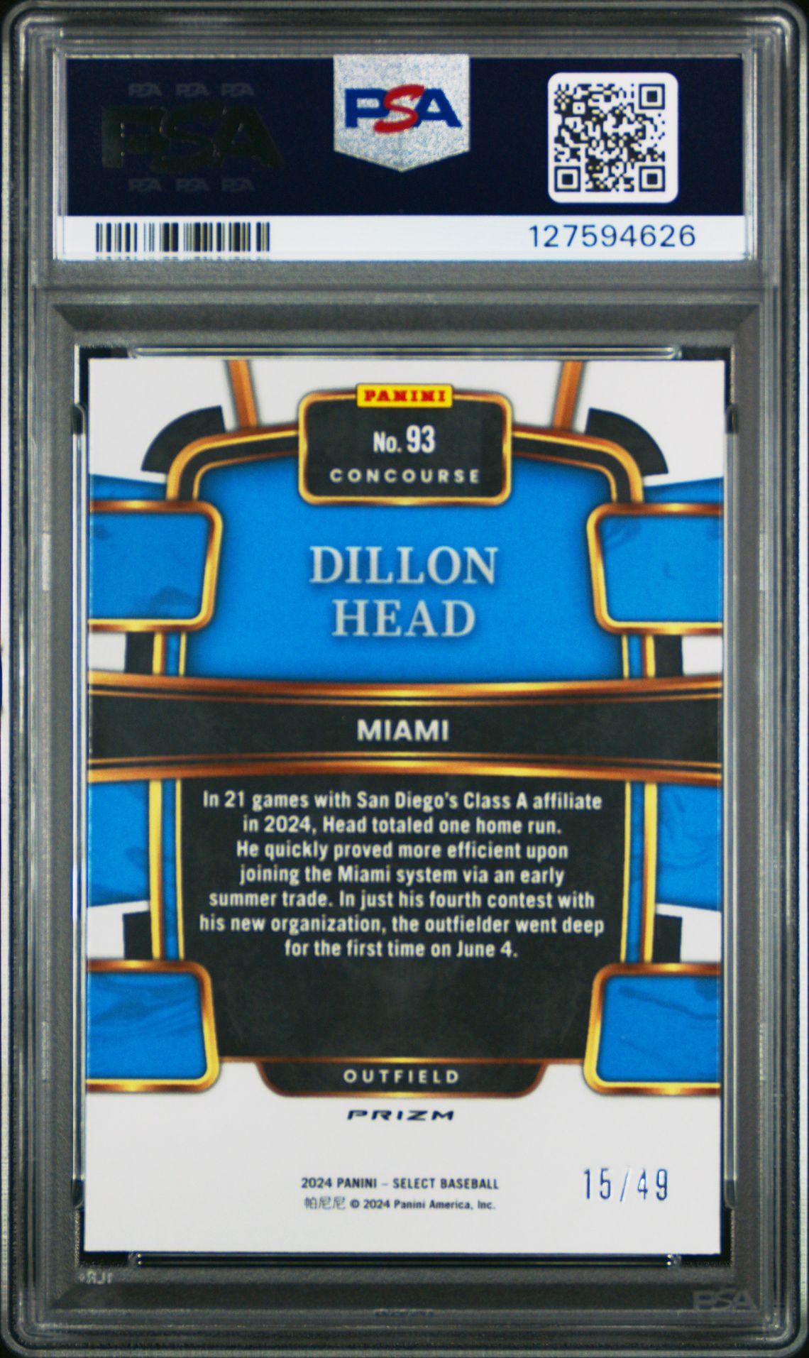2024 Panini Select Concourse Dillon Head #93 (Concourse-Neon Green Prizm) Mint 9 back