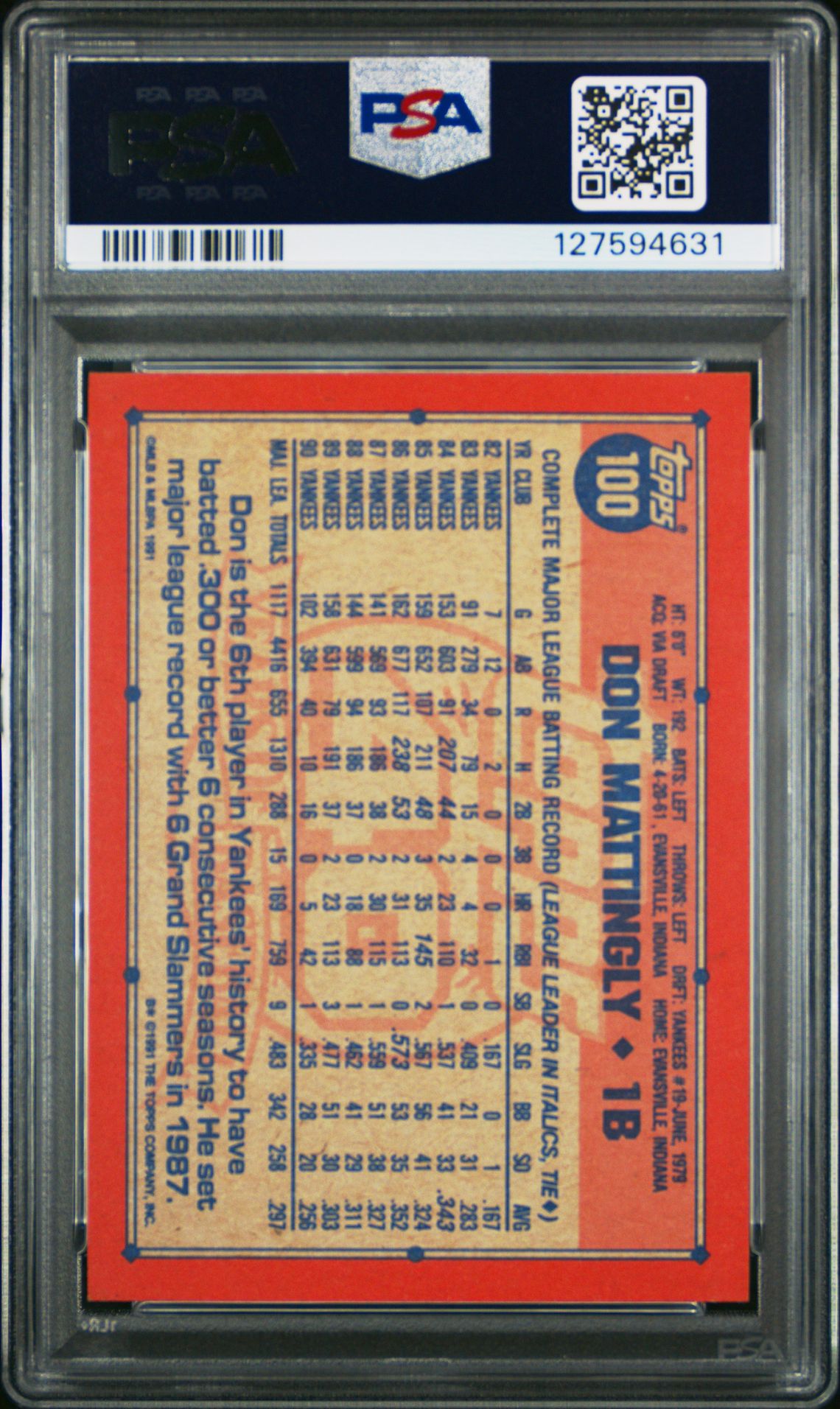 1991 Topps Don Mattingly #100 (10 Hits In 1990) Nm 7 back