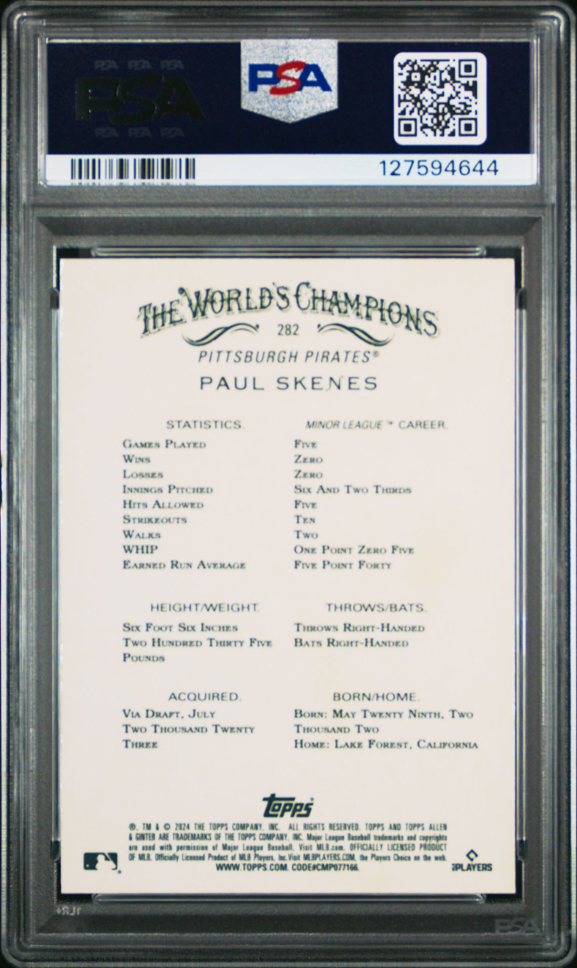 2024 Topps Allen & Ginter Paul Skenes #282 (Chrome) Gem Mt 10 back