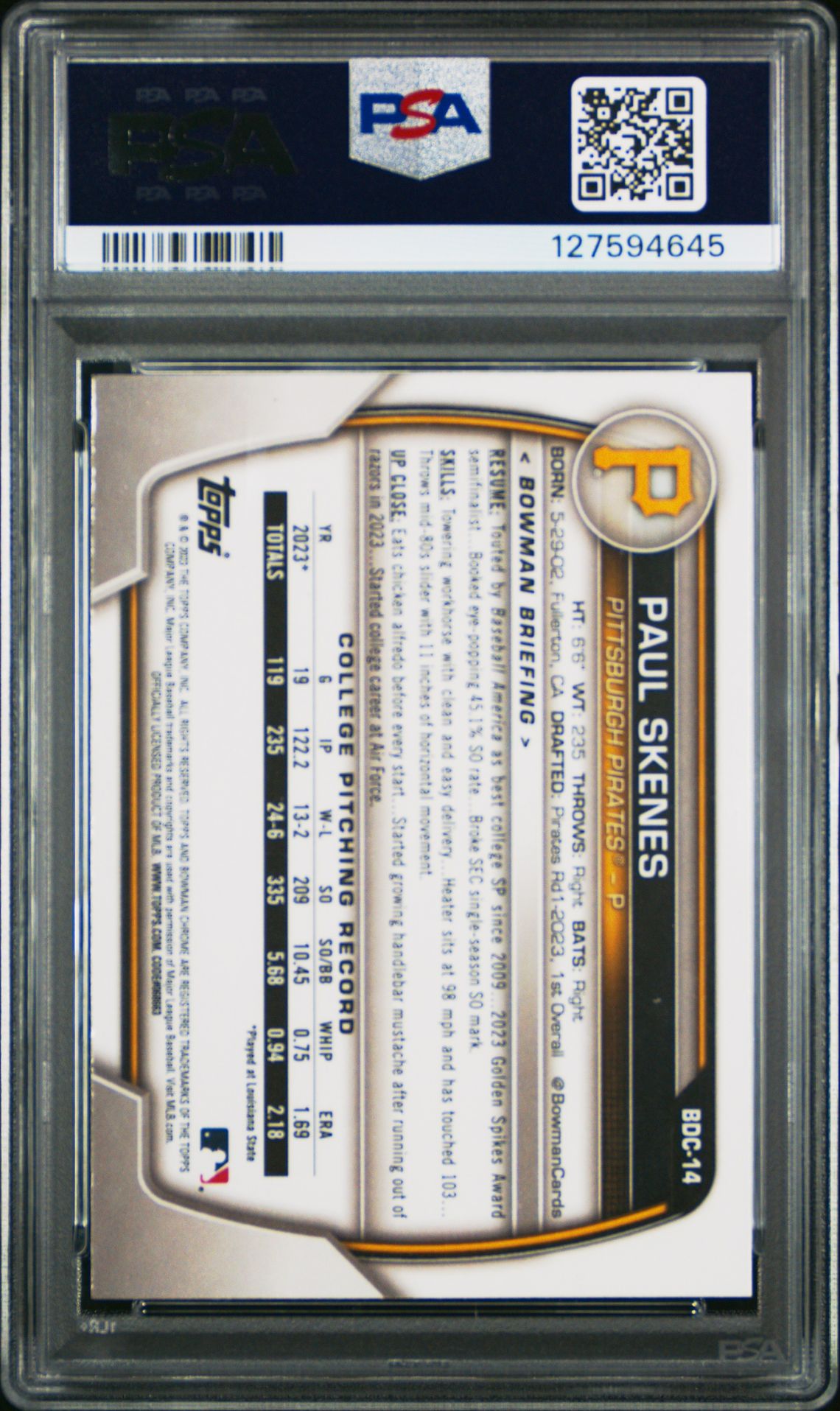 2023 Bowman Draft Paul Skenes #Bdc14 (Chrome) Mint 9 back