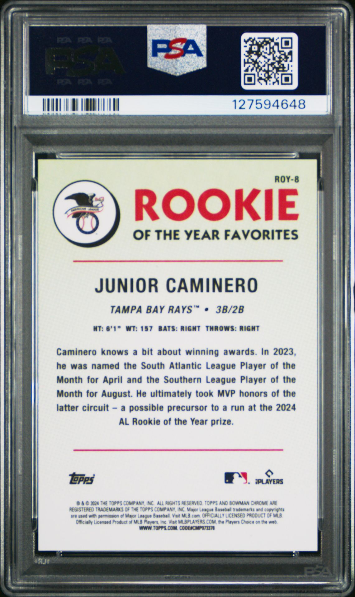 2024 Bowman Mega Box Chrome Rookie Of The Year Favorites Junior Caminero #Roy8 (Chrome-Roy Fave-Green Ref) Gem Mt 10 back