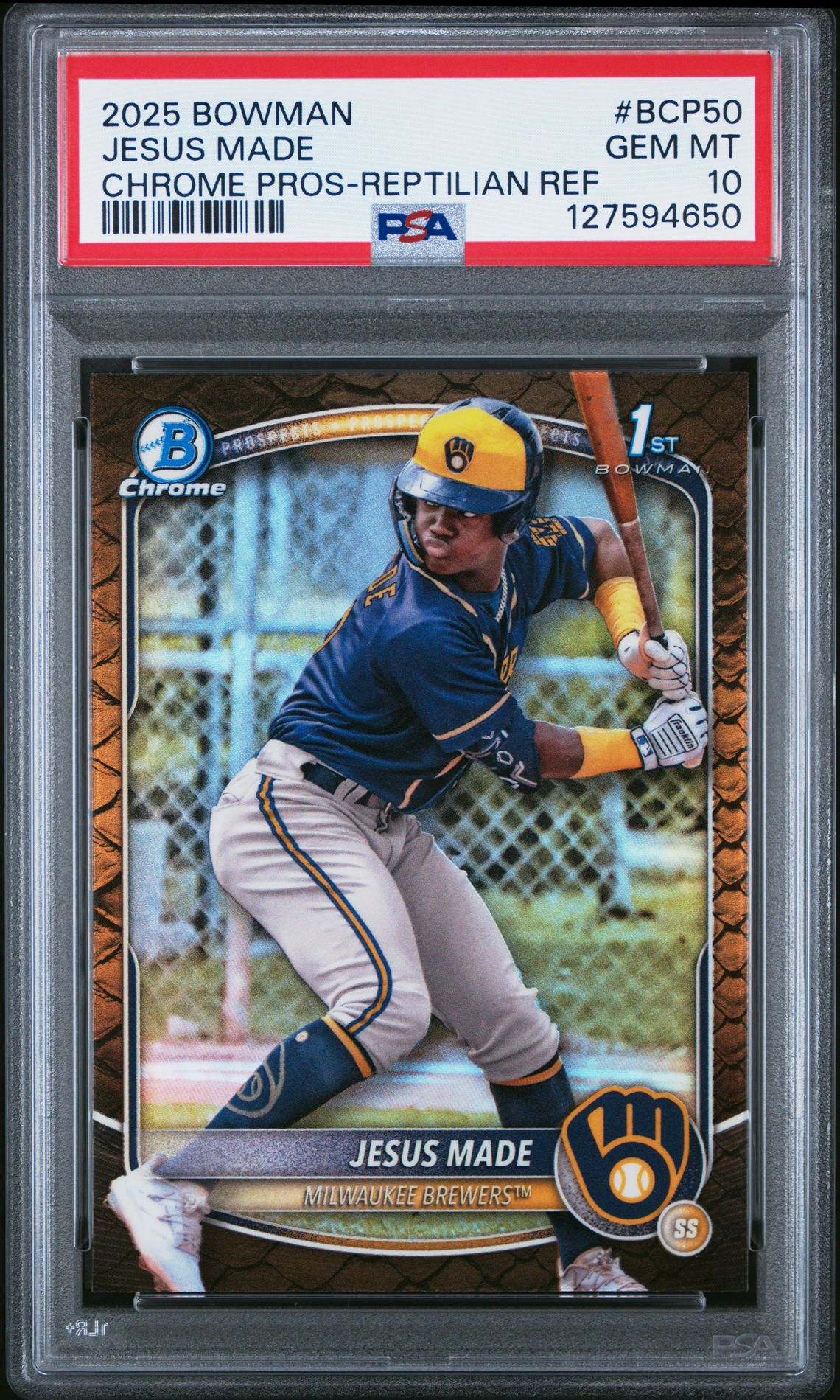 2025 Bowman Chrome Prospects Jesus Made #Bcp50 (Chrome Pros-Reptilian Ref) Gem Mt 10 front