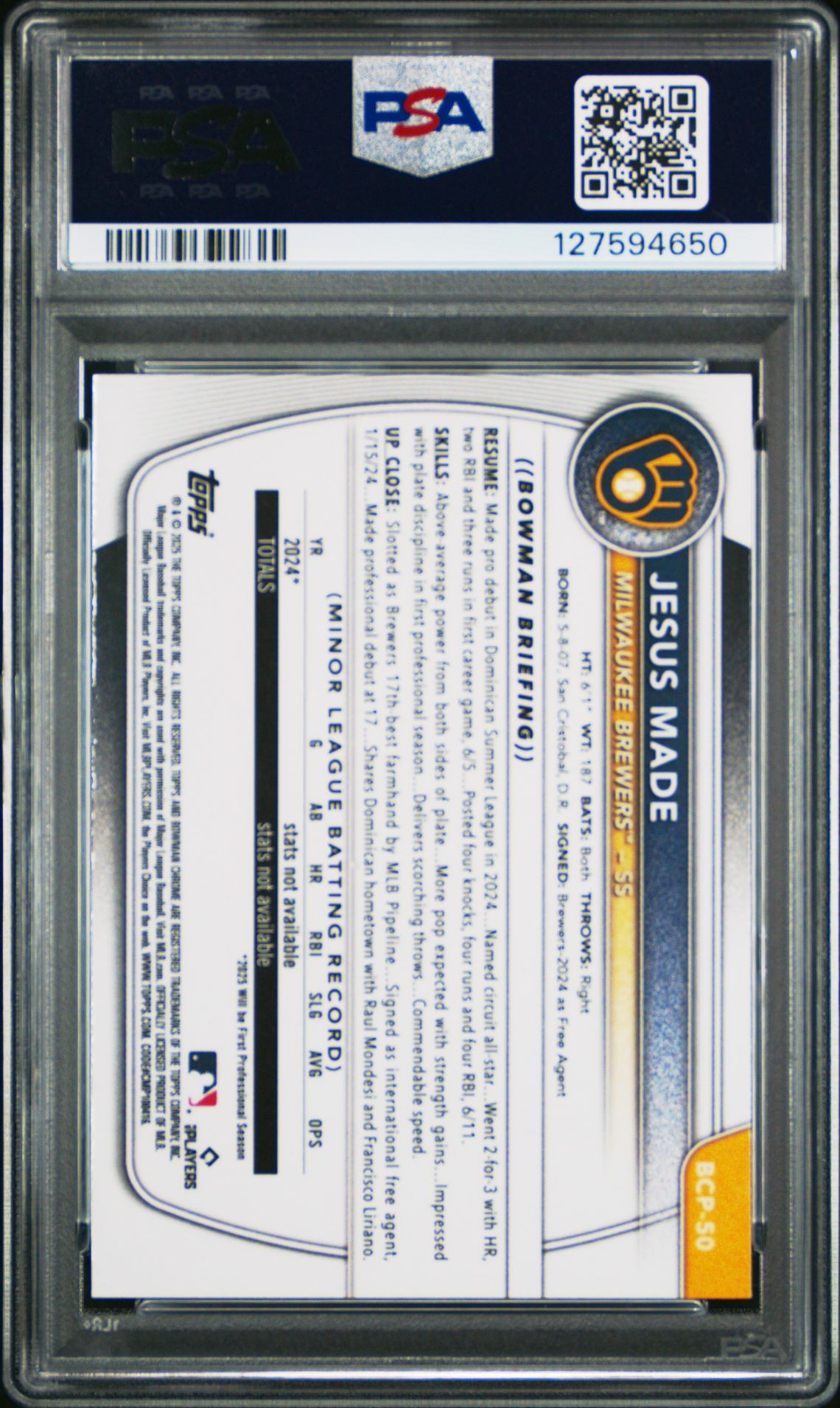 2025 Bowman Chrome Prospects Jesus Made #Bcp50 (Chrome Pros-Reptilian Ref) Gem Mt 10 back