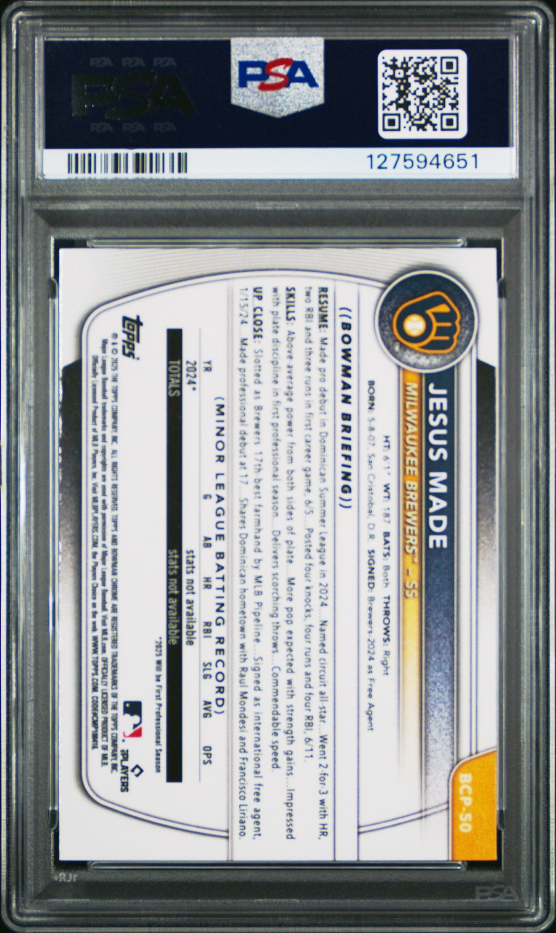2025 Bowman Chrome Prospects Jesus Made #Bcp50 (Chrome Pros-Reptilian Ref) Gem Mt 10 back