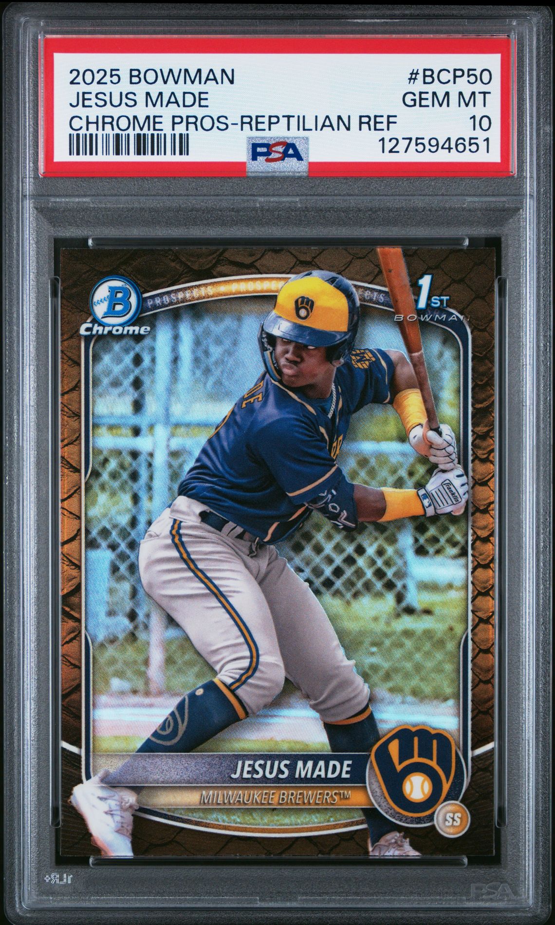 2025 Bowman Chrome Prospects Jesus Made #Bcp50 (Chrome Pros-Reptilian Ref) Gem Mt 10 front
