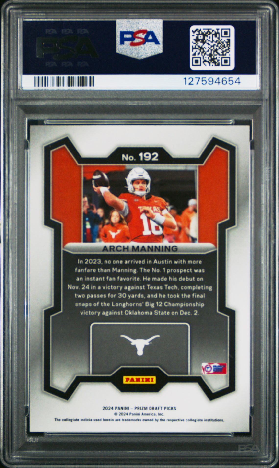 2024 Panini Prizm Draft Picks Arch Manning #192 Gem Mt 10 back view - PSA certificate #127594654