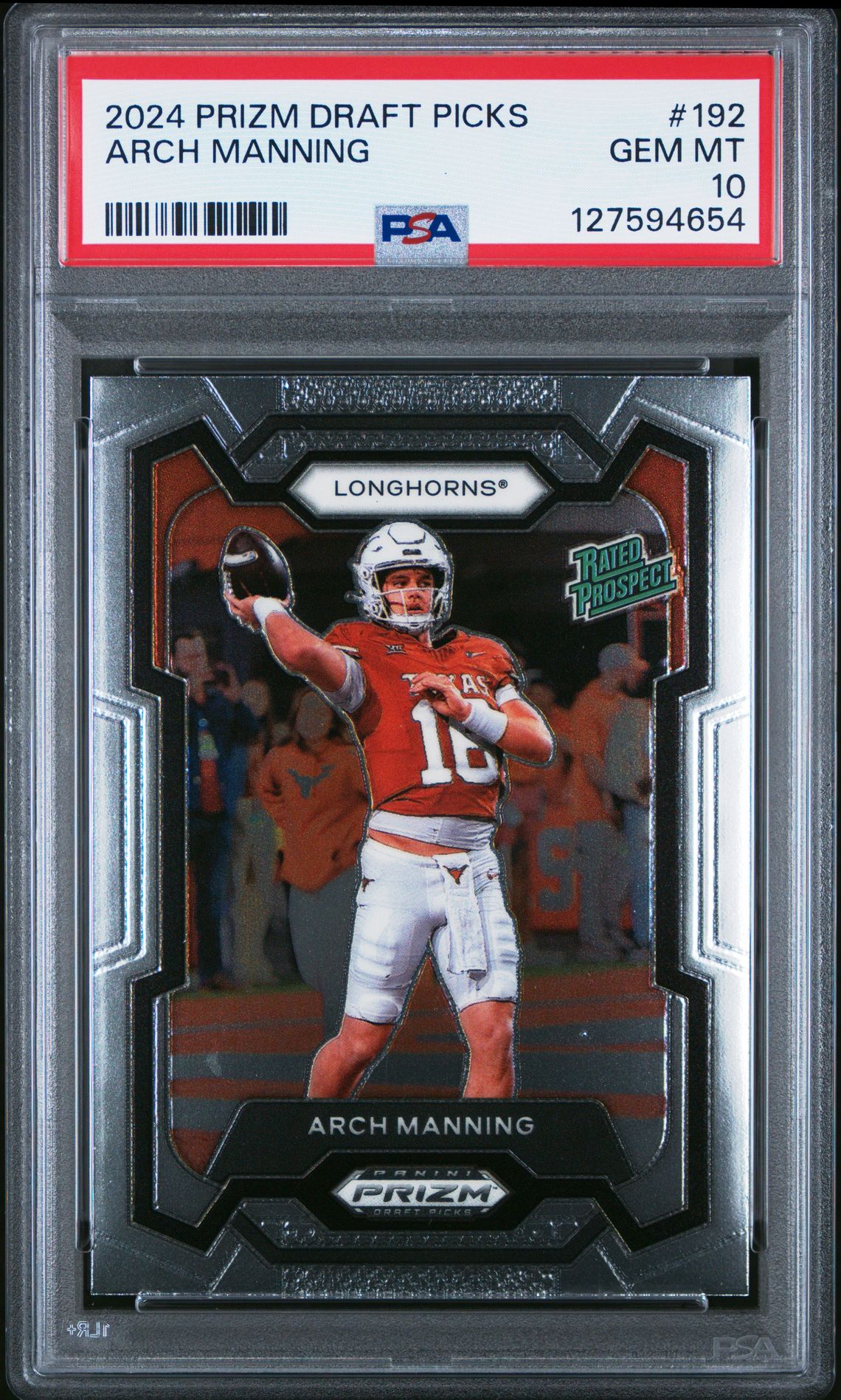 2024 Panini Prizm Draft Picks Arch Manning #192 Gem Mt 10 front view - PSA graded GEM MT 10