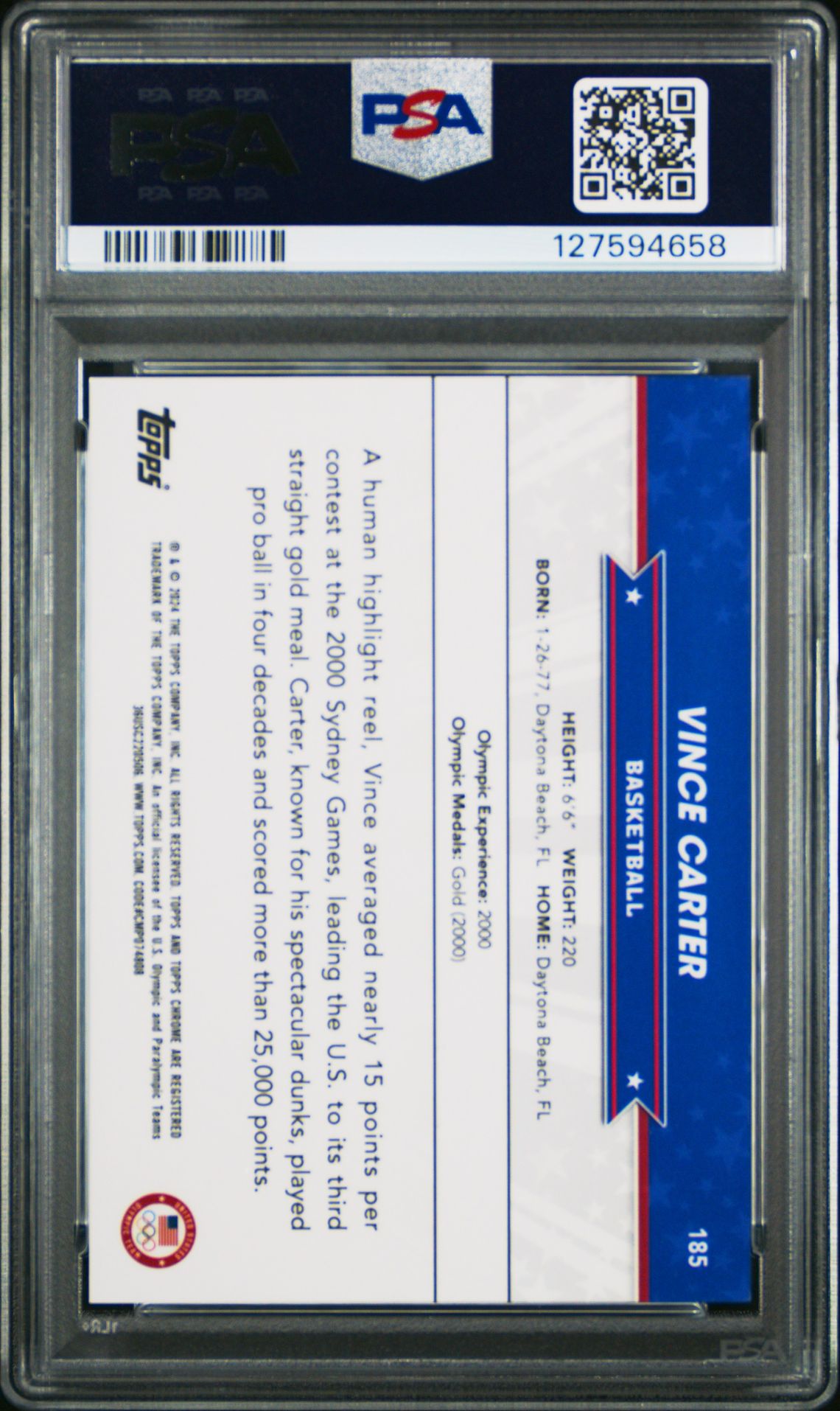 2024 Topps Chrome Us Olympic And Paralympic Hopefuls Vince Carter #185 (Black Refractor) Mint 9 back