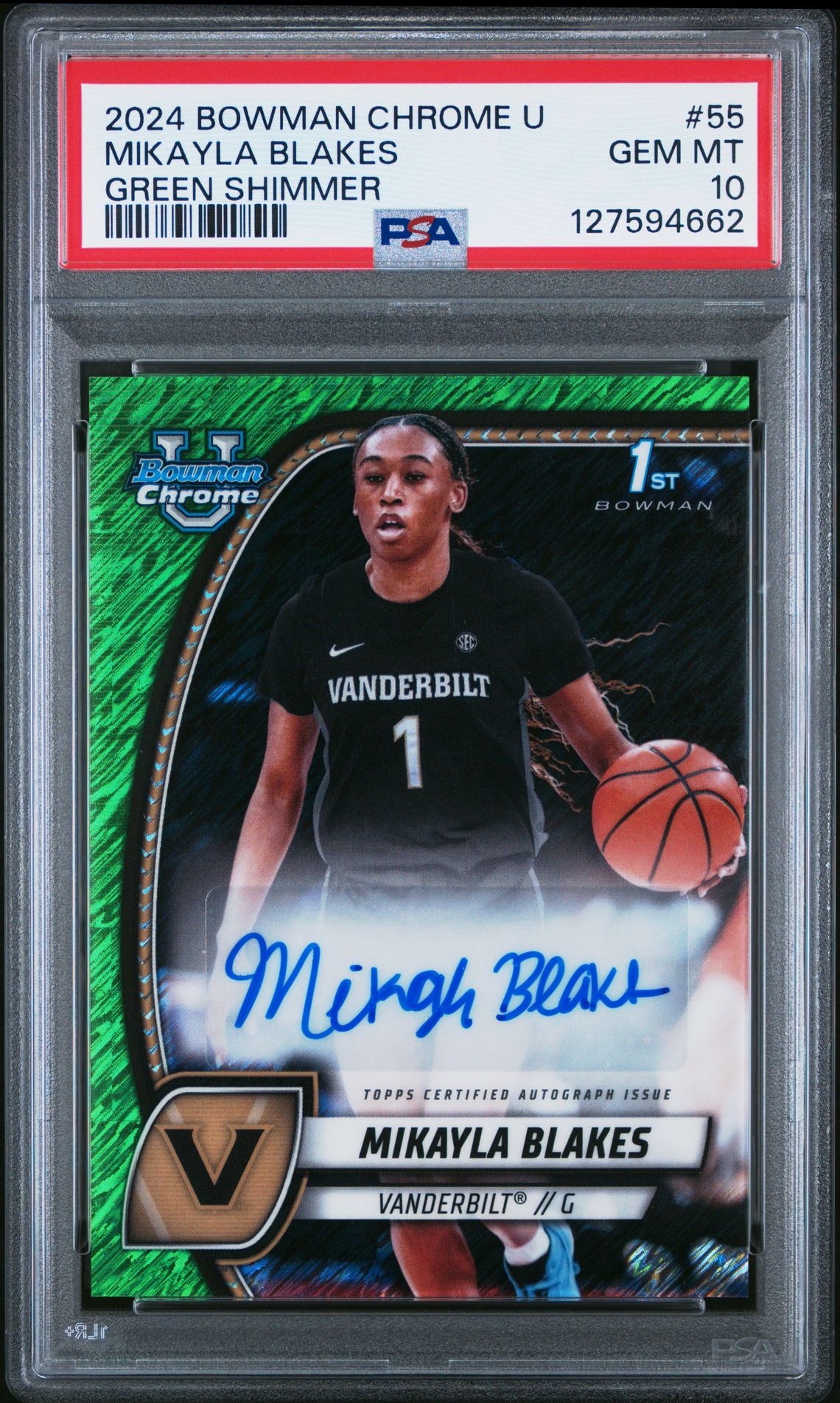 2024 Bowman Chrome University Mikayla Blakes #55 (Green Shimmer) Gem Mt 10 front