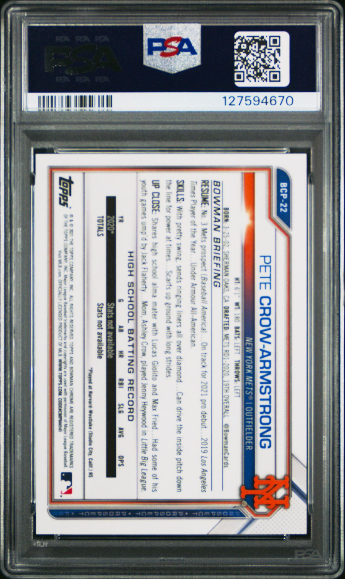 2021 Bowman Chrome Prospects Pete Crow-Armstrong #Bcp22 (Chr.pros-Aqua Shm.ref.) Gem Mt 10 back