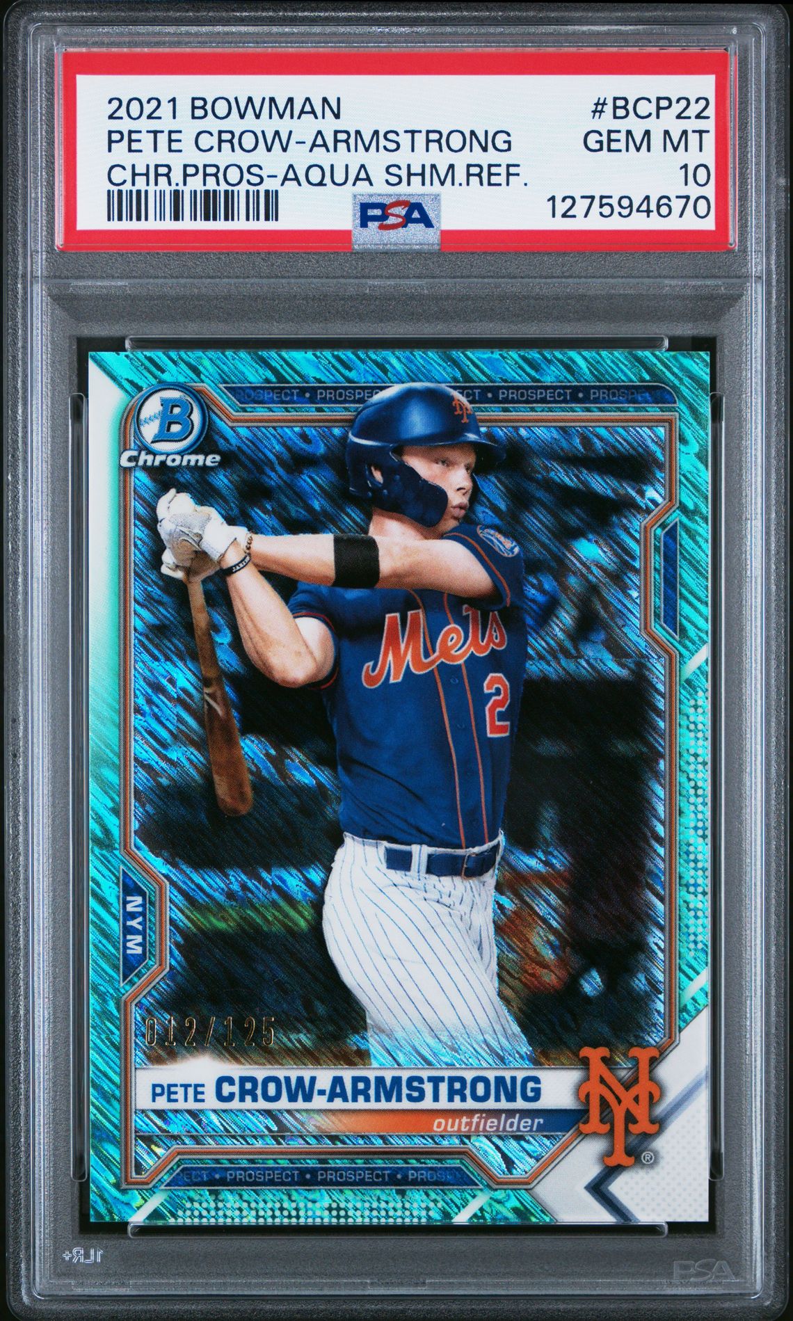 2021 Bowman Chrome Prospects Pete Crow-Armstrong #Bcp22 (Chr.pros-Aqua Shm.ref.) Gem Mt 10 front
