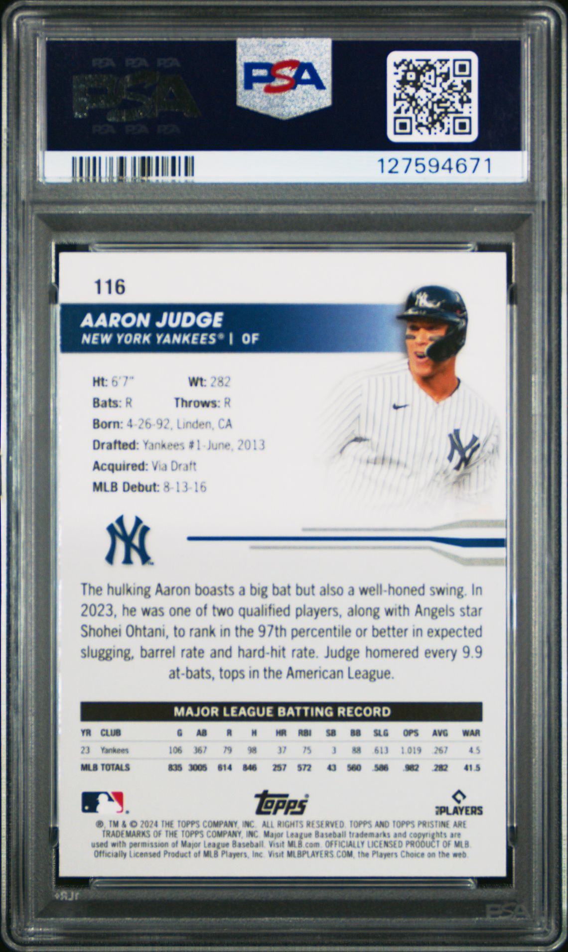 2024 Topps Pristine Aaron Judge #116 (Purple Refractor) Gem Mt 10 back
