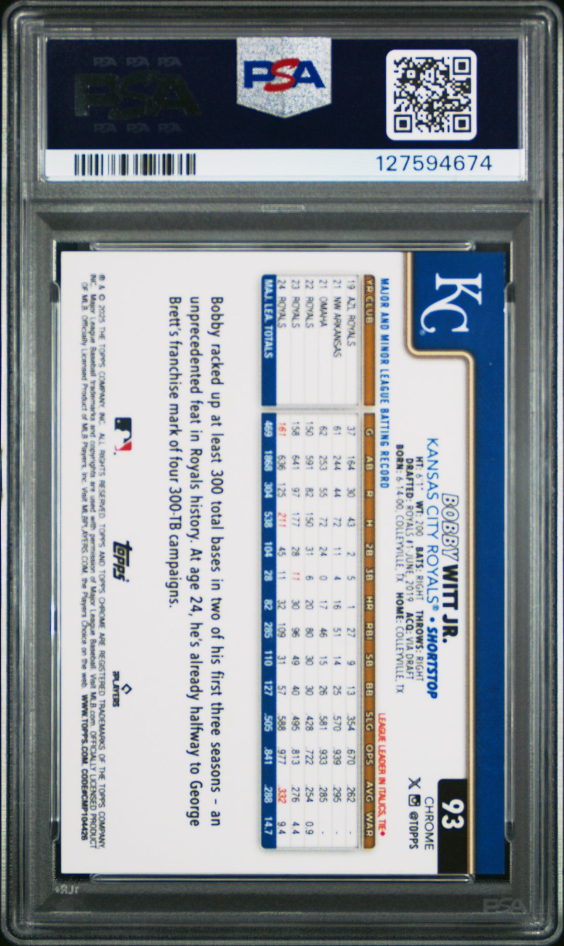 2025 Topps Chrome Bobby Witt Jr. #93 (Gold Wave) Gem Mt 10 back