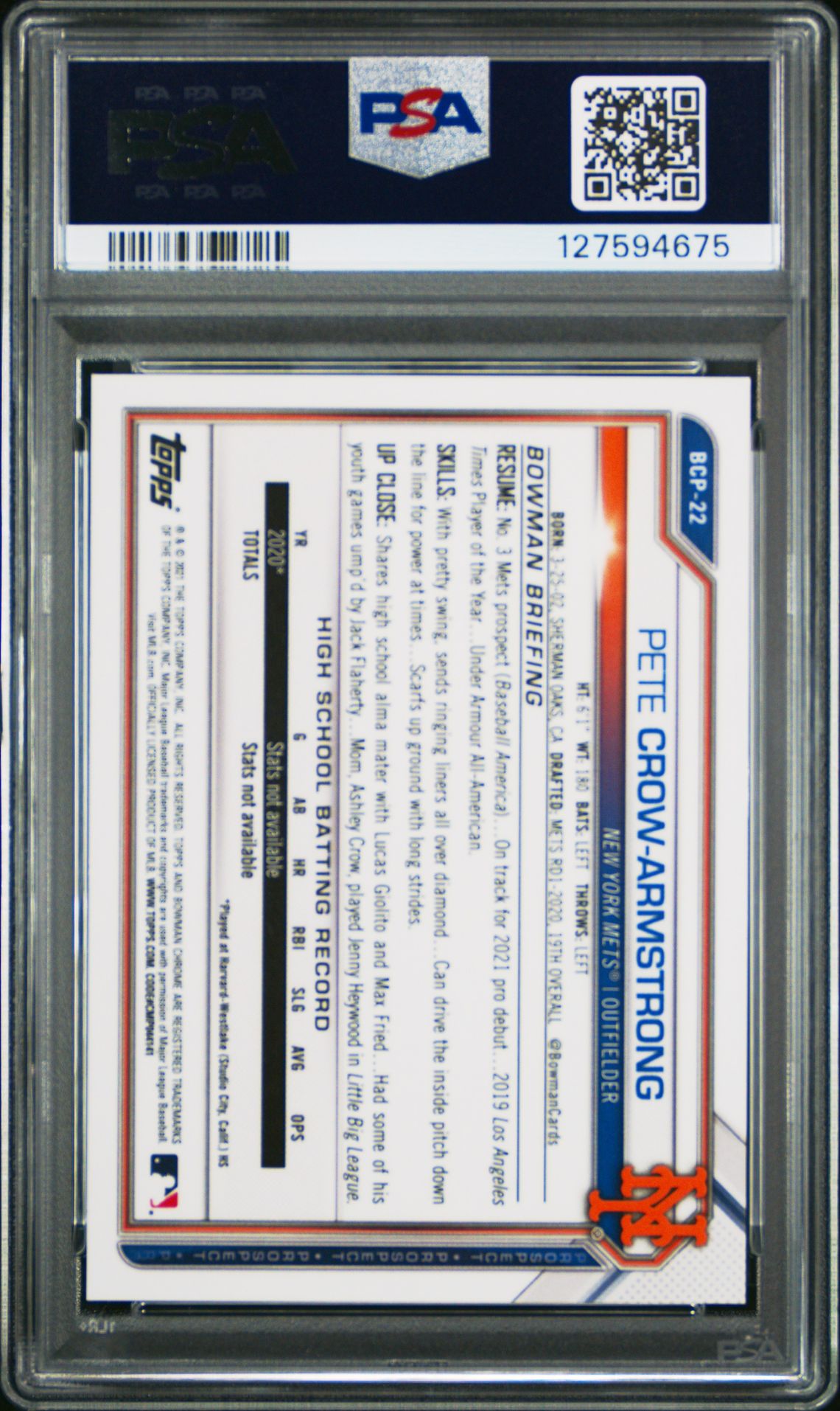 2021 Bowman Chrome Prospects Pete Crow-Armstrong #Bcp22 (Chr.pros-Purple Refractor) Gem Mt 10 back