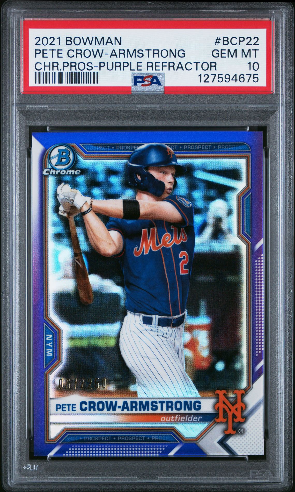 2021 Bowman Chrome Prospects Pete Crow-Armstrong #Bcp22 (Chr.pros-Purple Refractor) Gem Mt 10 front