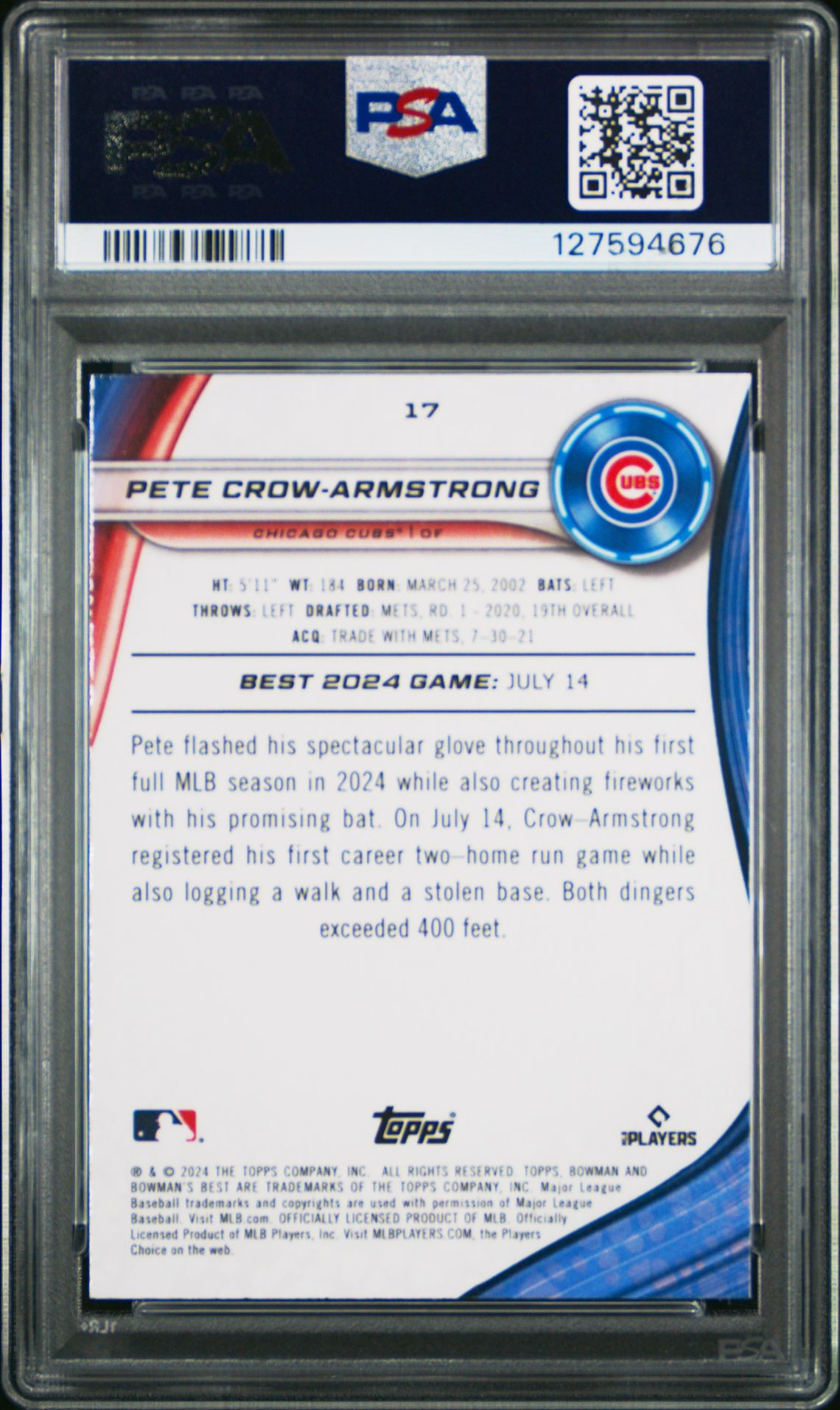 2024 Bowman's Best Pete Crow-Armstrong #17 (Blue Refractor) Mint 9 back