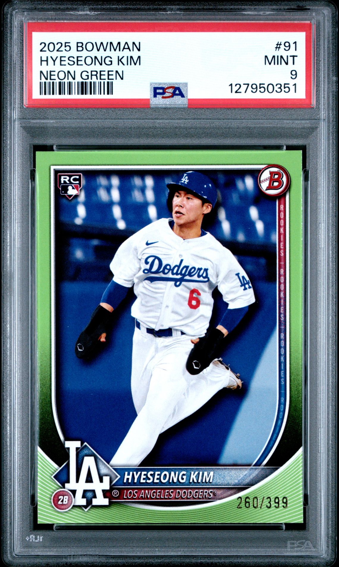 2025 Bowman Hyeseong Kim #91 (Neon Green) Mint 9 front