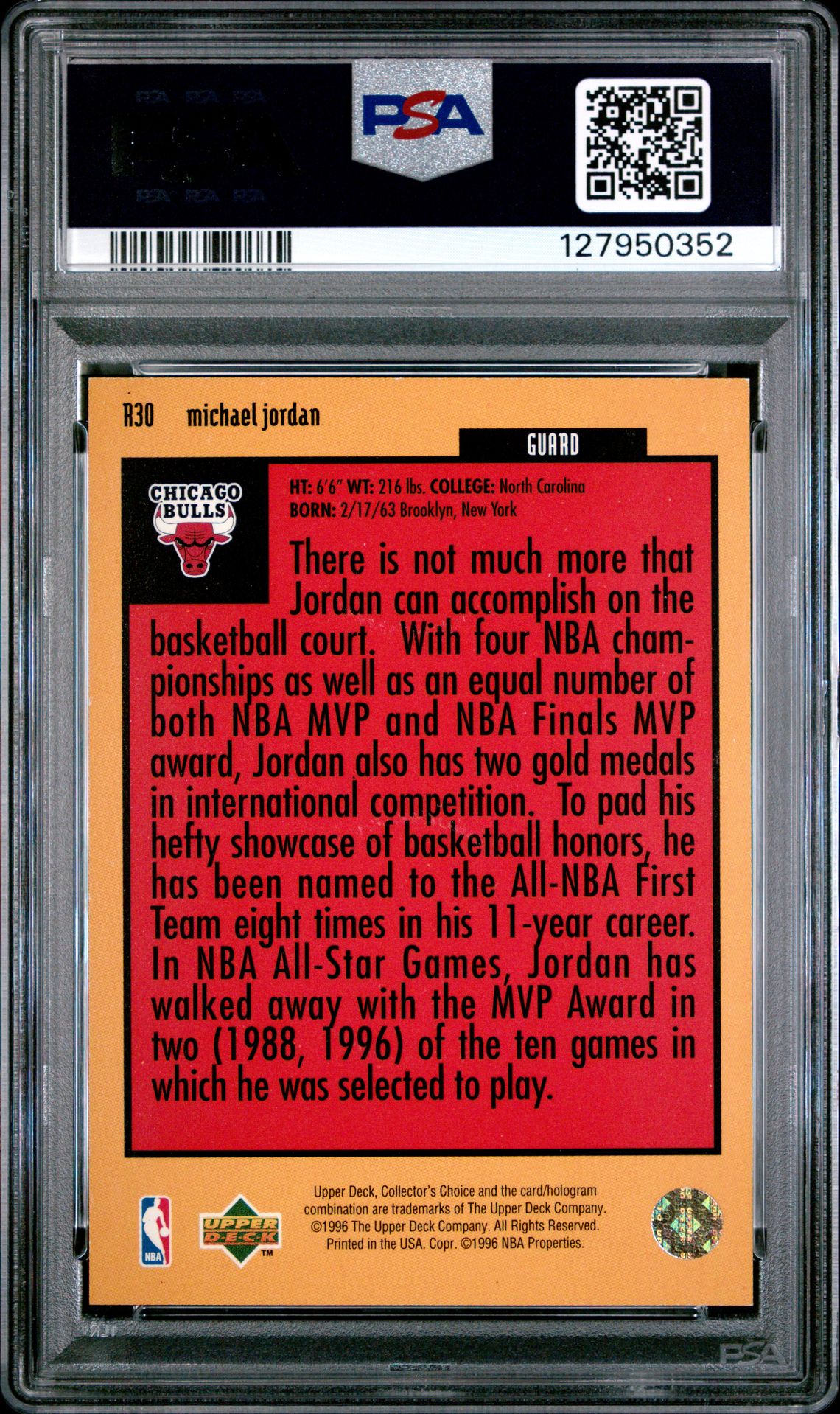 1996 Collector's Choice Crash The Game Scoring 1 Michael Jordan #R30 (Scoring 1-Gold) Nm 7 back