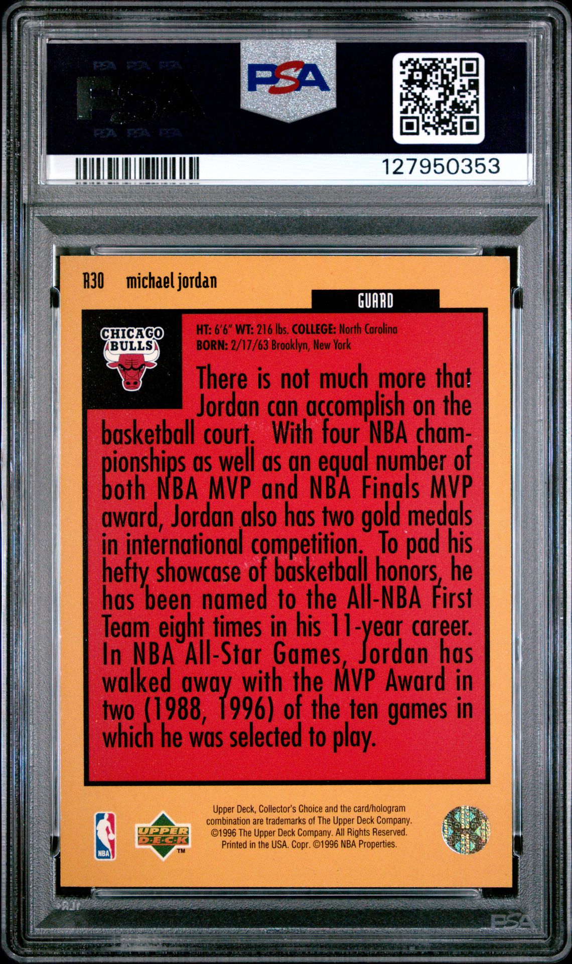 1996 Collector's Choice Crash The Game Scoring 1 Michael Jordan #R30 (Scoring 1-Gold) Ex-Mt 6 back