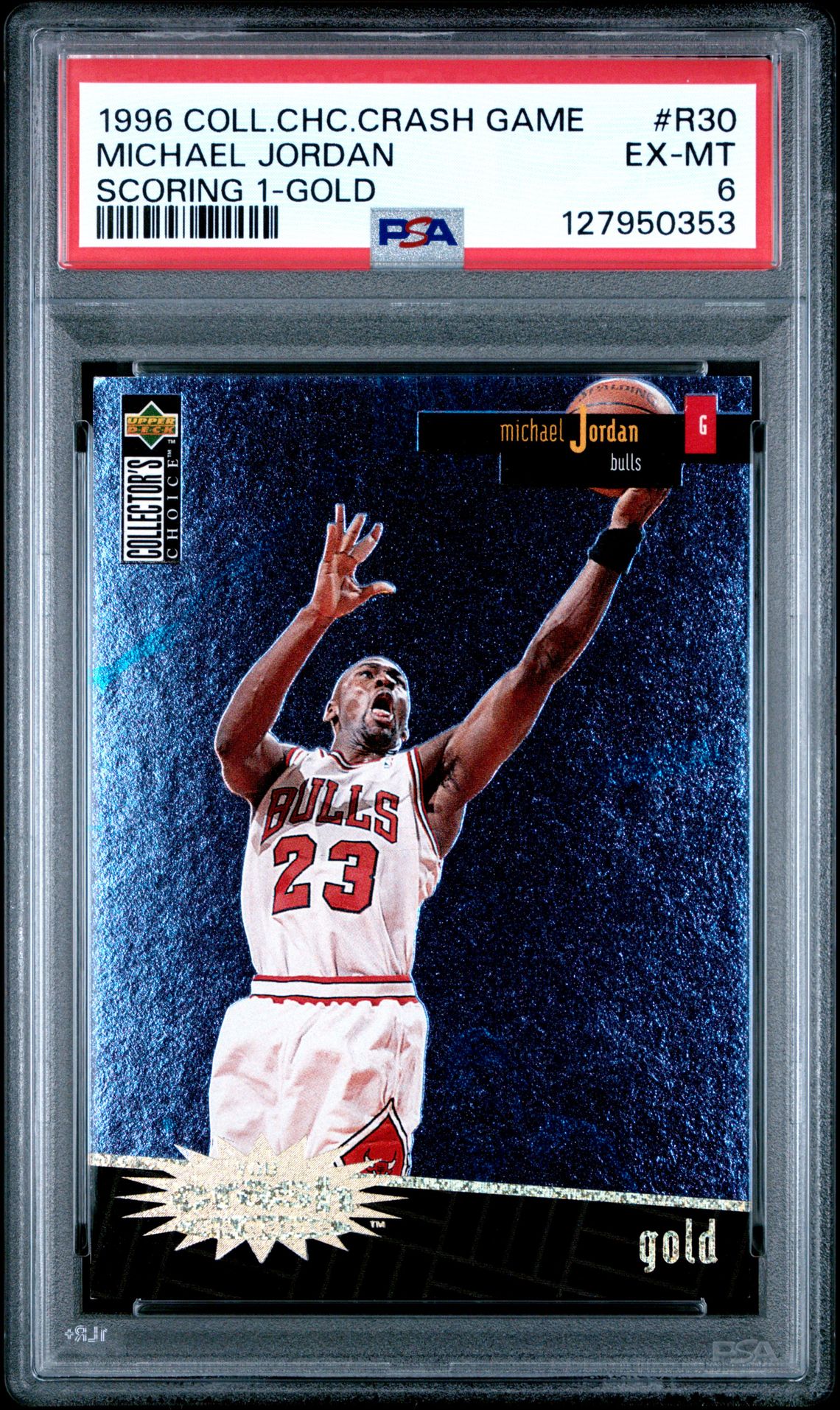 1996 Collector's Choice Crash The Game Scoring 1 Michael Jordan #R30 (Scoring 1-Gold) Ex-Mt 6 front