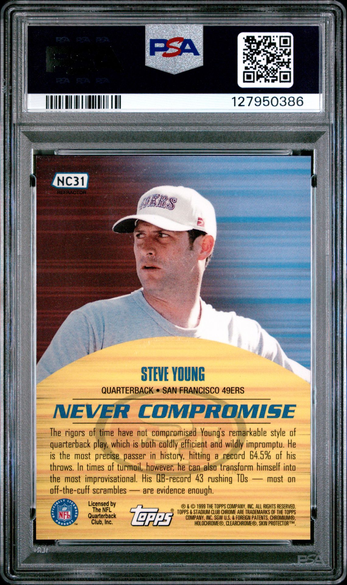 1999 Stadium Club Chrome Never Compromise Steve Young #Nc31 (Never Compromise-Ref.) Gem Mt 10 back