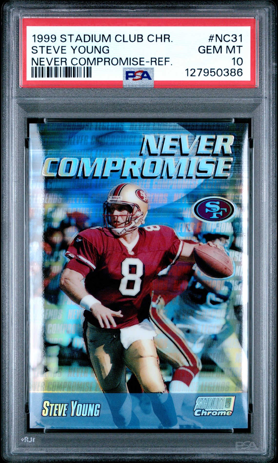1999 Stadium Club Chrome Never Compromise Steve Young #Nc31 (Never Compromise-Ref.) Gem Mt 10 front