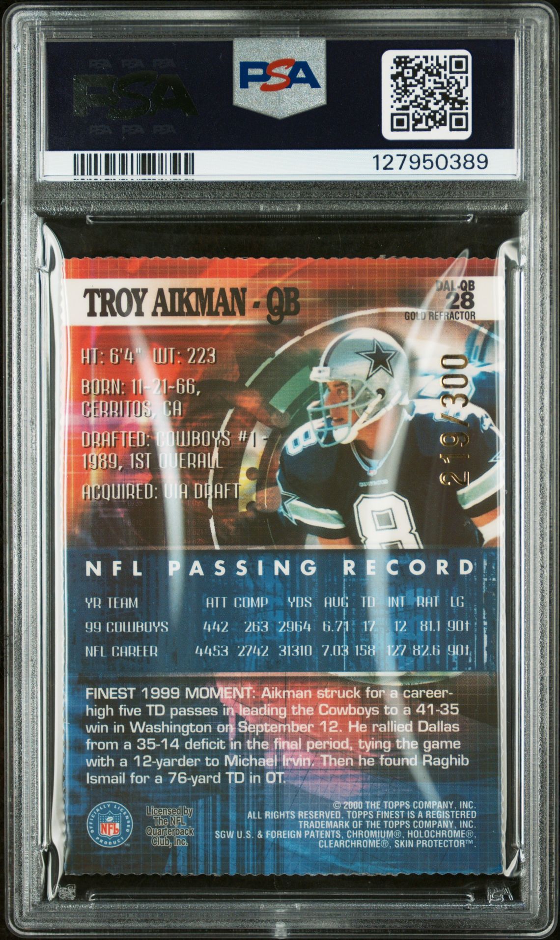 2000 Finest Troy Aikman #28 (Gold Refractor) Mint 9 back
