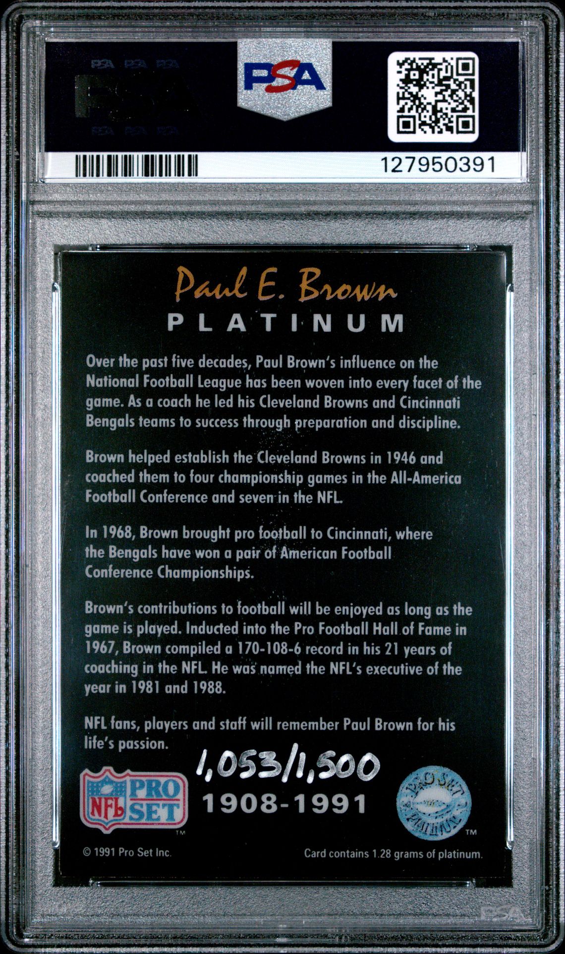 1991 Pro Set Platinum Paul Brown Vg 3 back