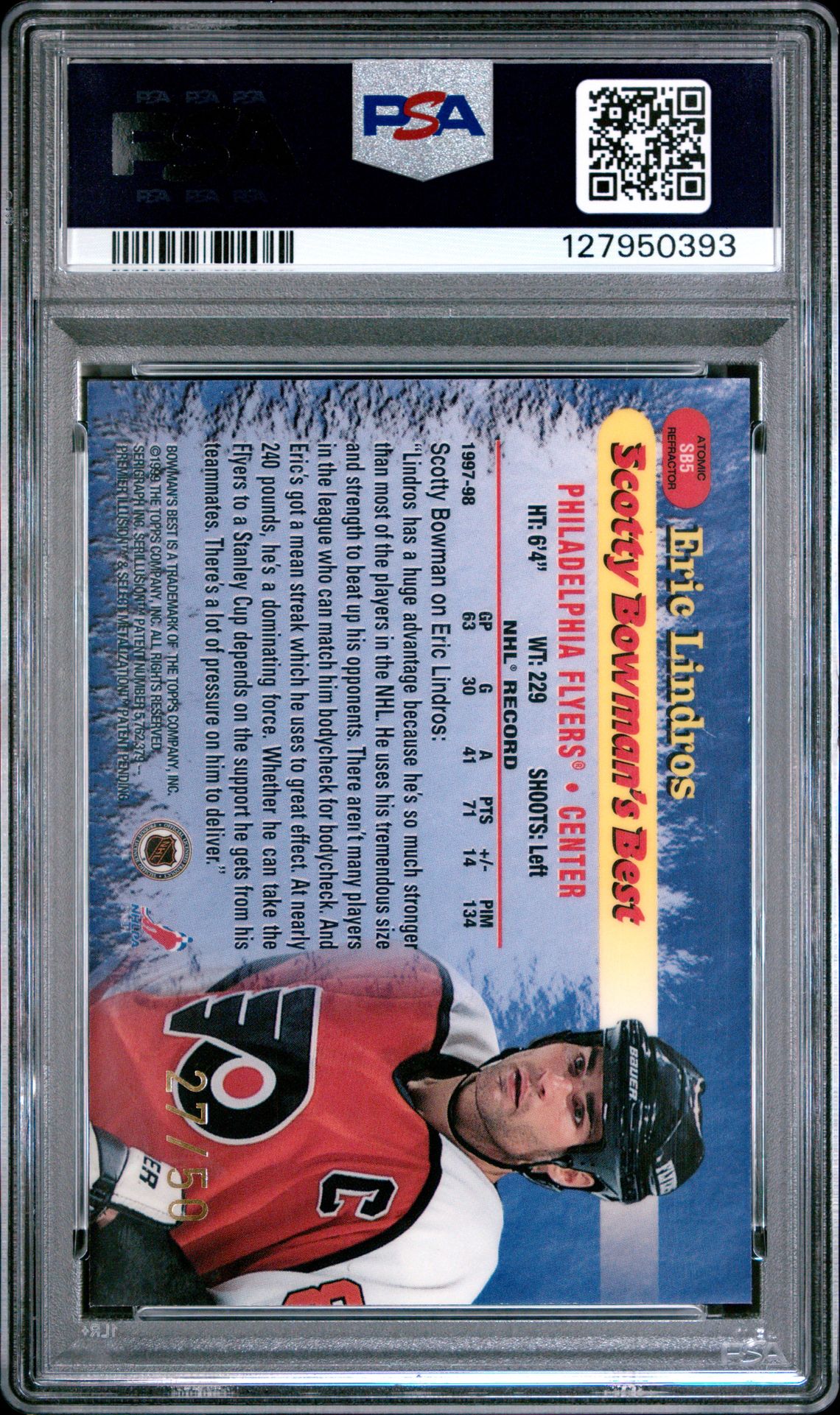 1998 Bowman's Best Scotty Bowman's Best Eric Lindros #Sb5 (Scotty's Best-Atomic Ref.) Mint 9 back