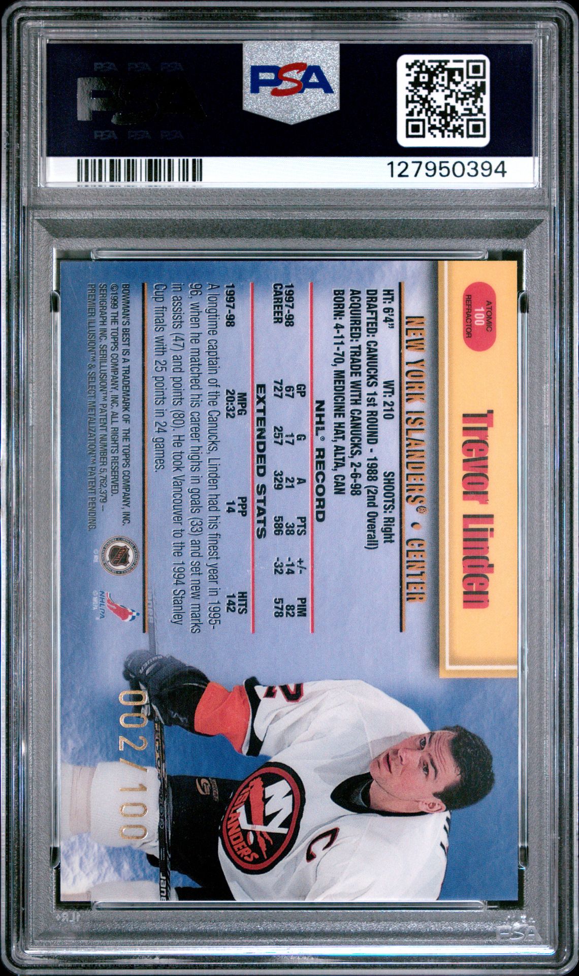 1998 Bowman's Best Trevor Linden #100 (Atomic Refractor) Nm 7 back