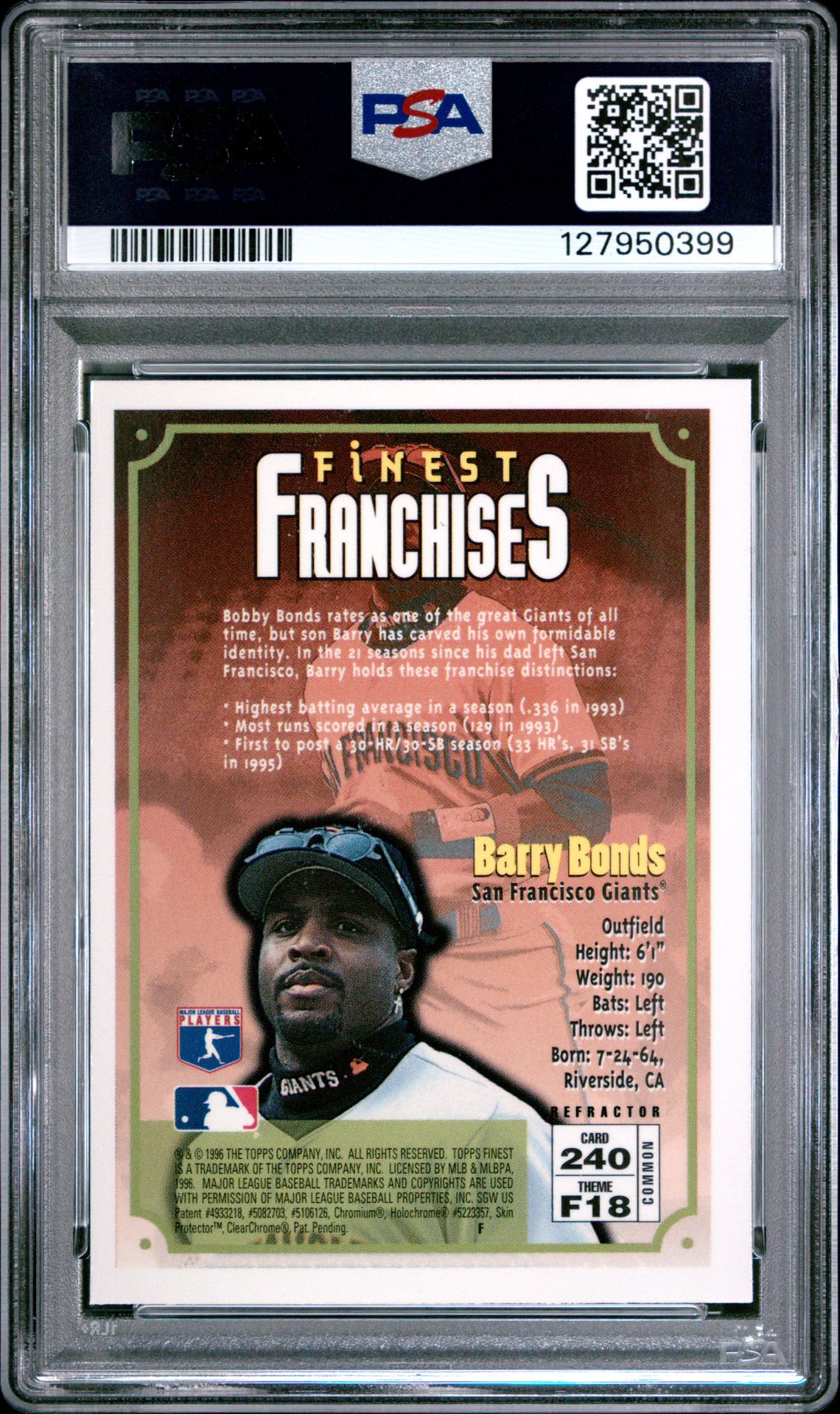 1996 Finest Barry Bonds #240 (Refractor W/Coating) Nm-Mt 8 back