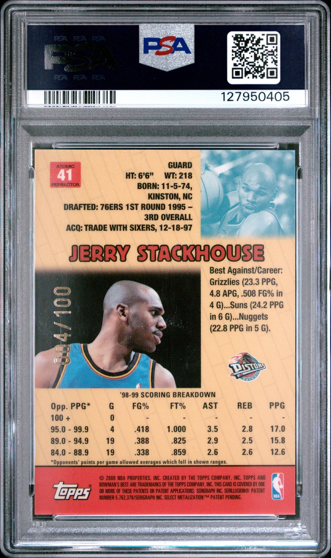 1999 Bowman's Best Jerry Stackhouse #41 (Atomic Refractor) Mint 9 back