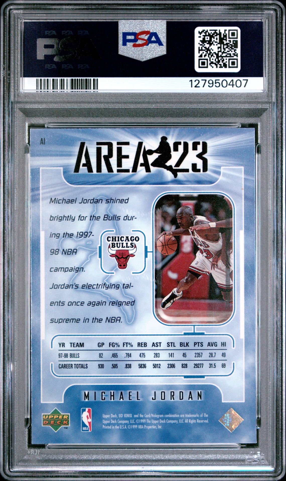 1998 Upper Deck Ionix Area 23 Michael Jordan #A1 (Area 23) Mint 9 back