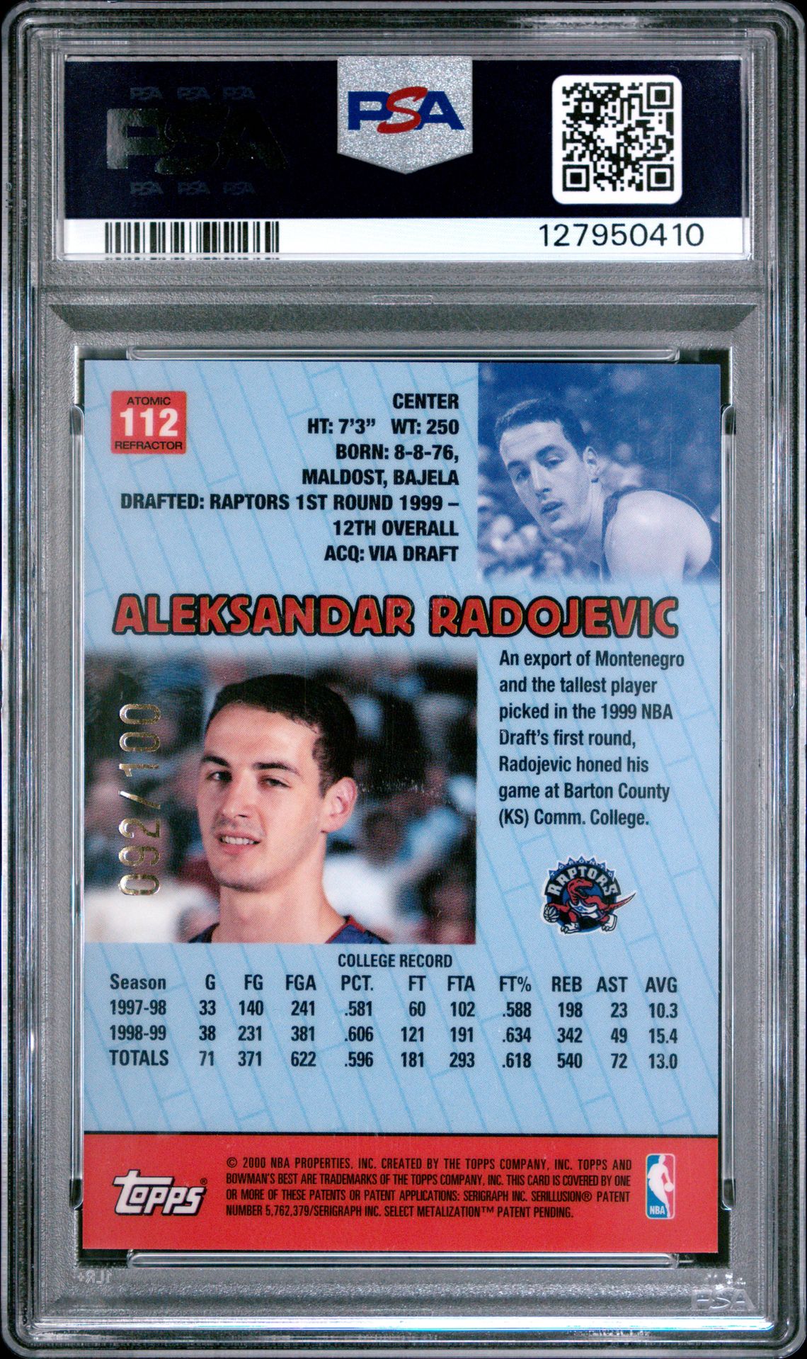 1999 Bowman's Best Aleksandar Radojevic #112 (Atomic Refractor) Nm-Mt 8 back