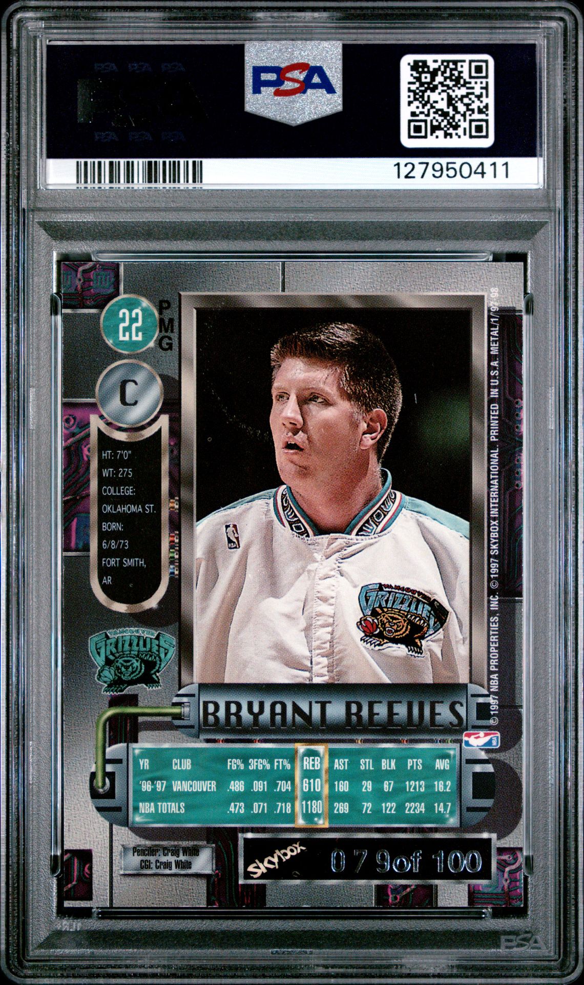 1997 Metal Universe Bryant Reeves #22 (Precious Metal Gems) Ex-Mt 6 back