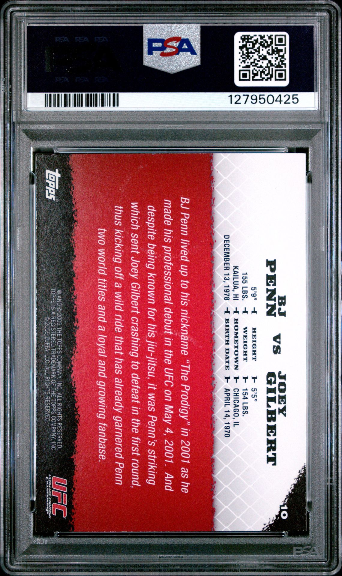 2009 Topps Ufc Round 1 Bj Penn/Joey Gilbert #10 Nm 7 back