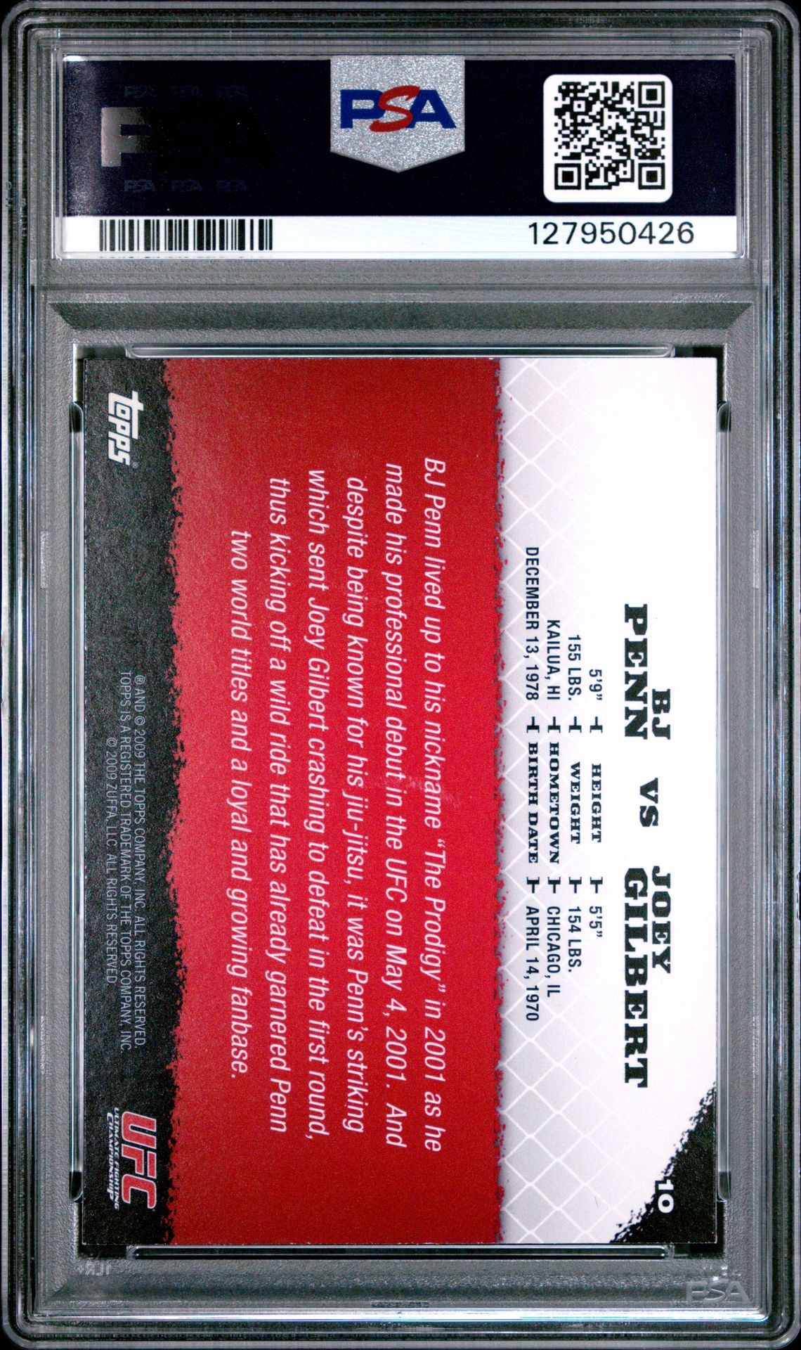 2009 Topps Ufc Round 1 Bj Penn/Joey Gilbert #10 Nm-Mt 8 back