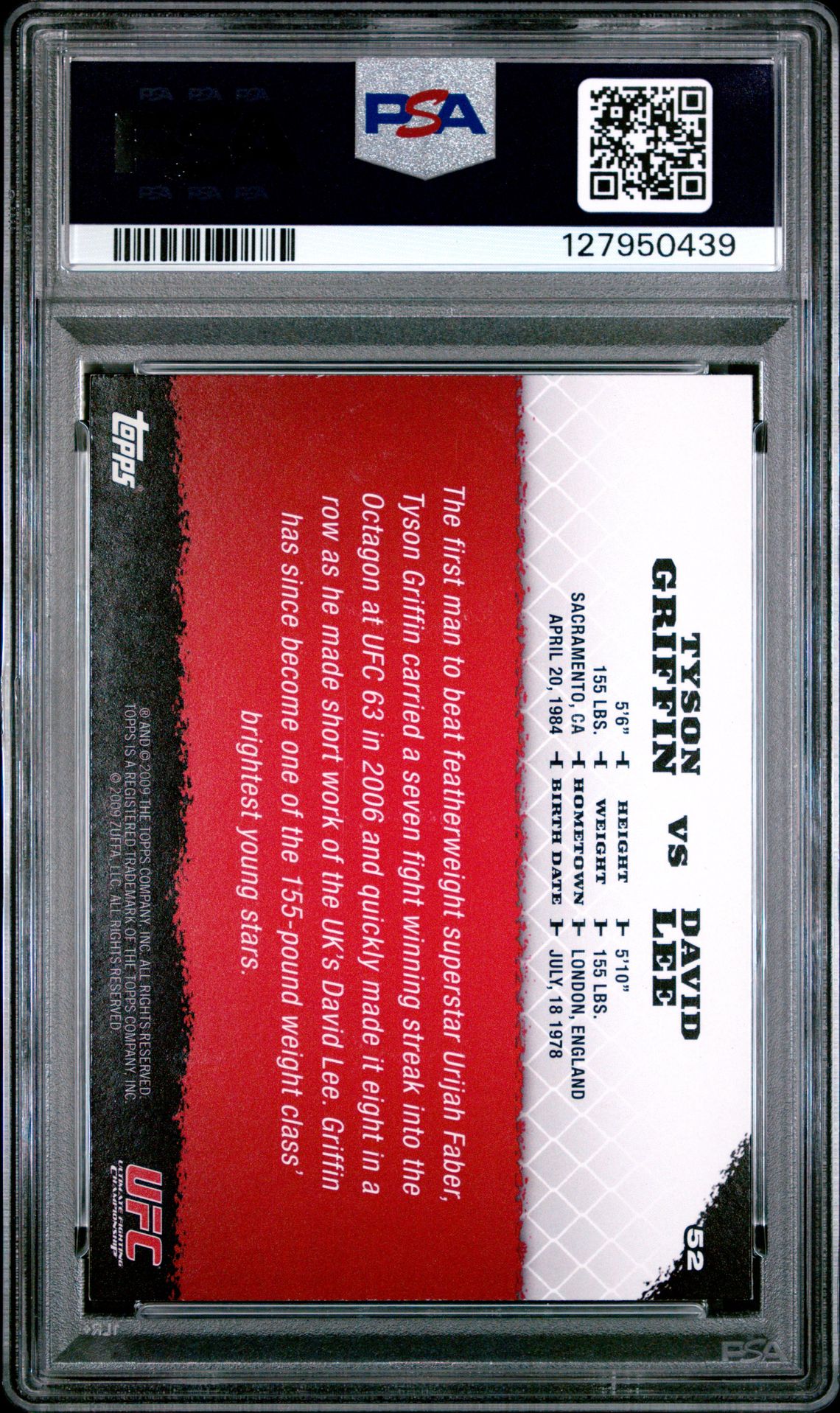 2009 Topps Ufc Round 1 T.griffin/D.lee #52 Mint 9 back