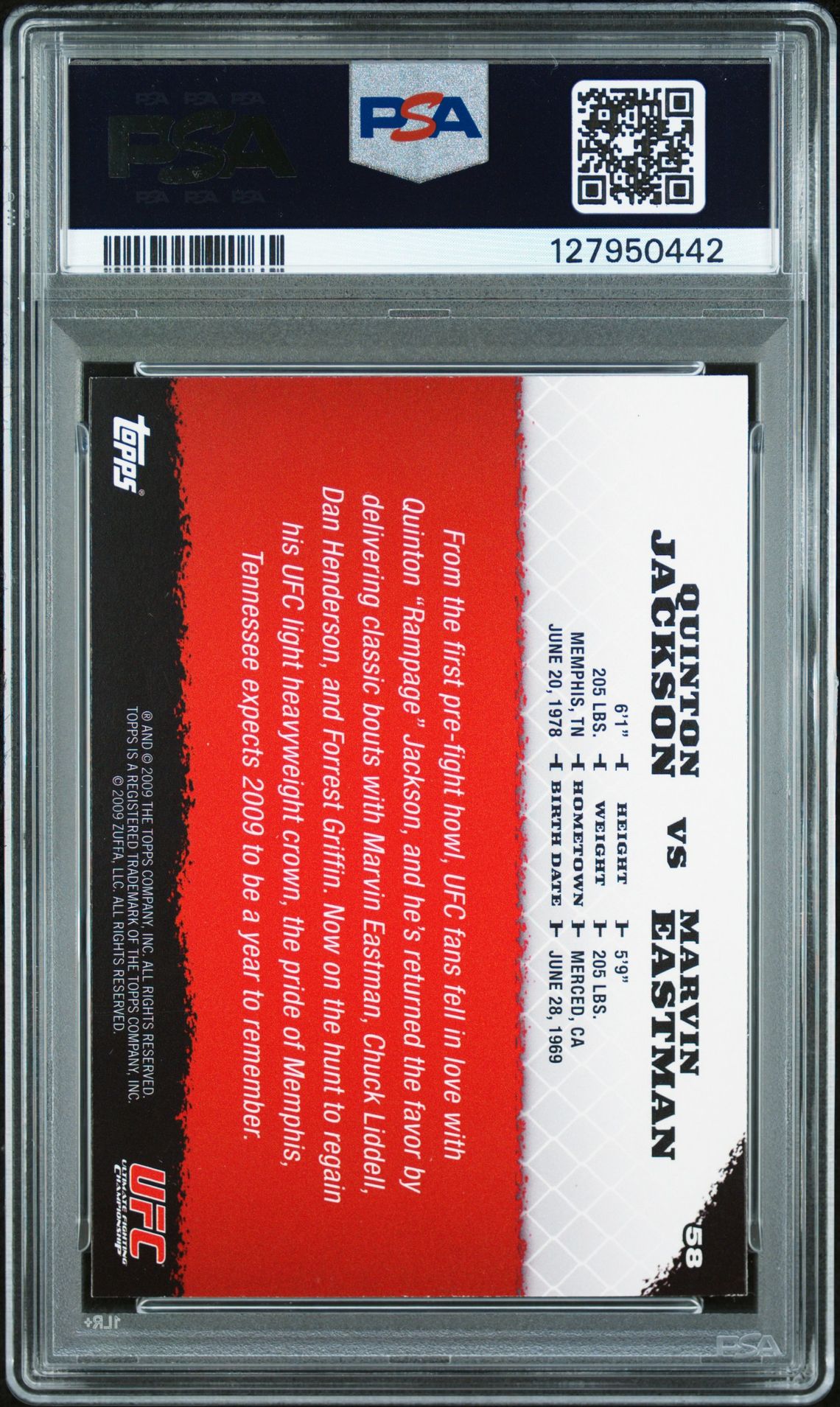 2009 Topps Ufc Round 1 Q.jackson/M.eastman #58 Nm-Mt 8 back