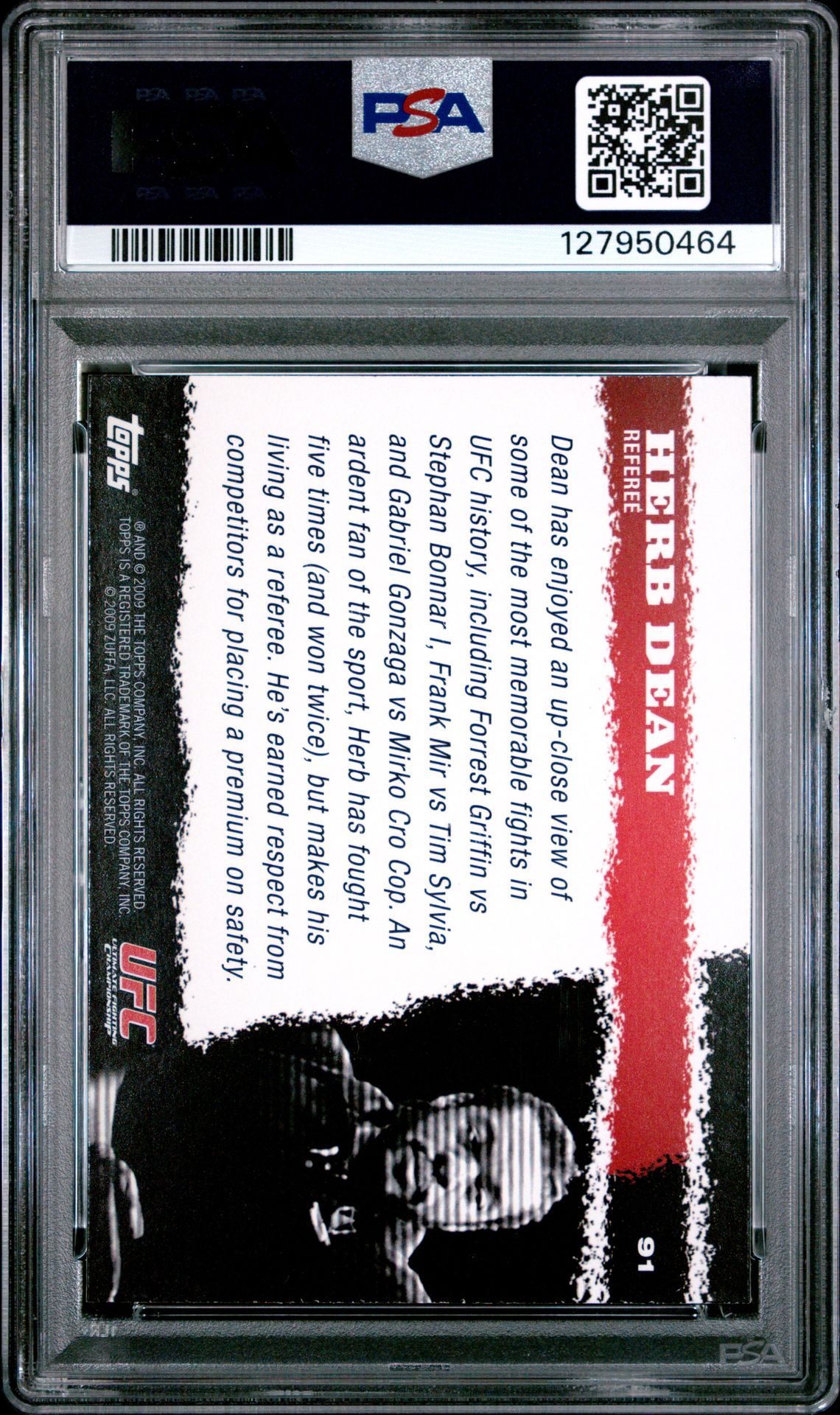2009 Topps Ufc Round 1 Herb Dean #91 Mint 9 back
