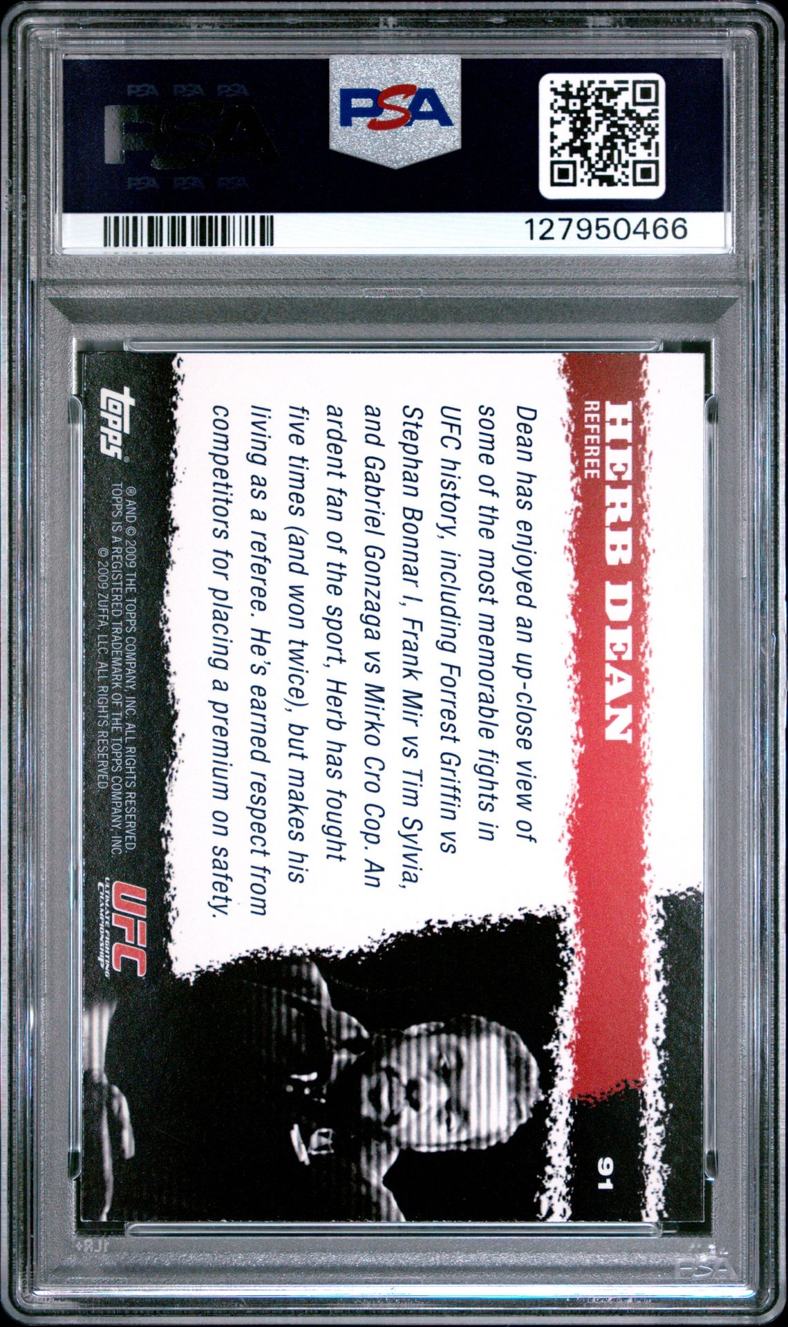 2009 Topps Ufc Round 1 Herb Dean #91 Mint 9 back
