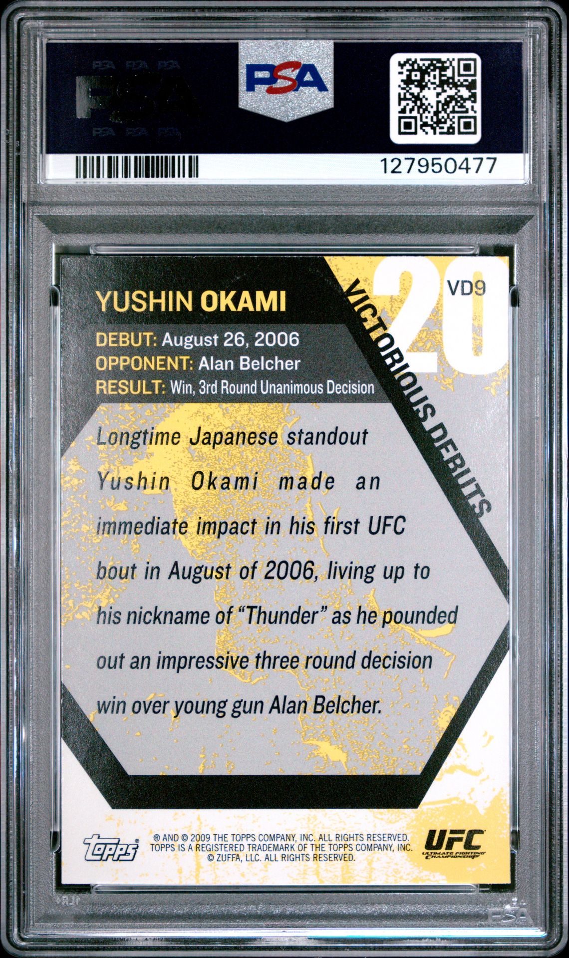 2009 Topps Ufc Round 1 Victorious Debuts Yushin Okami #Vd9 (Victorious Debuts) Mint 9 back