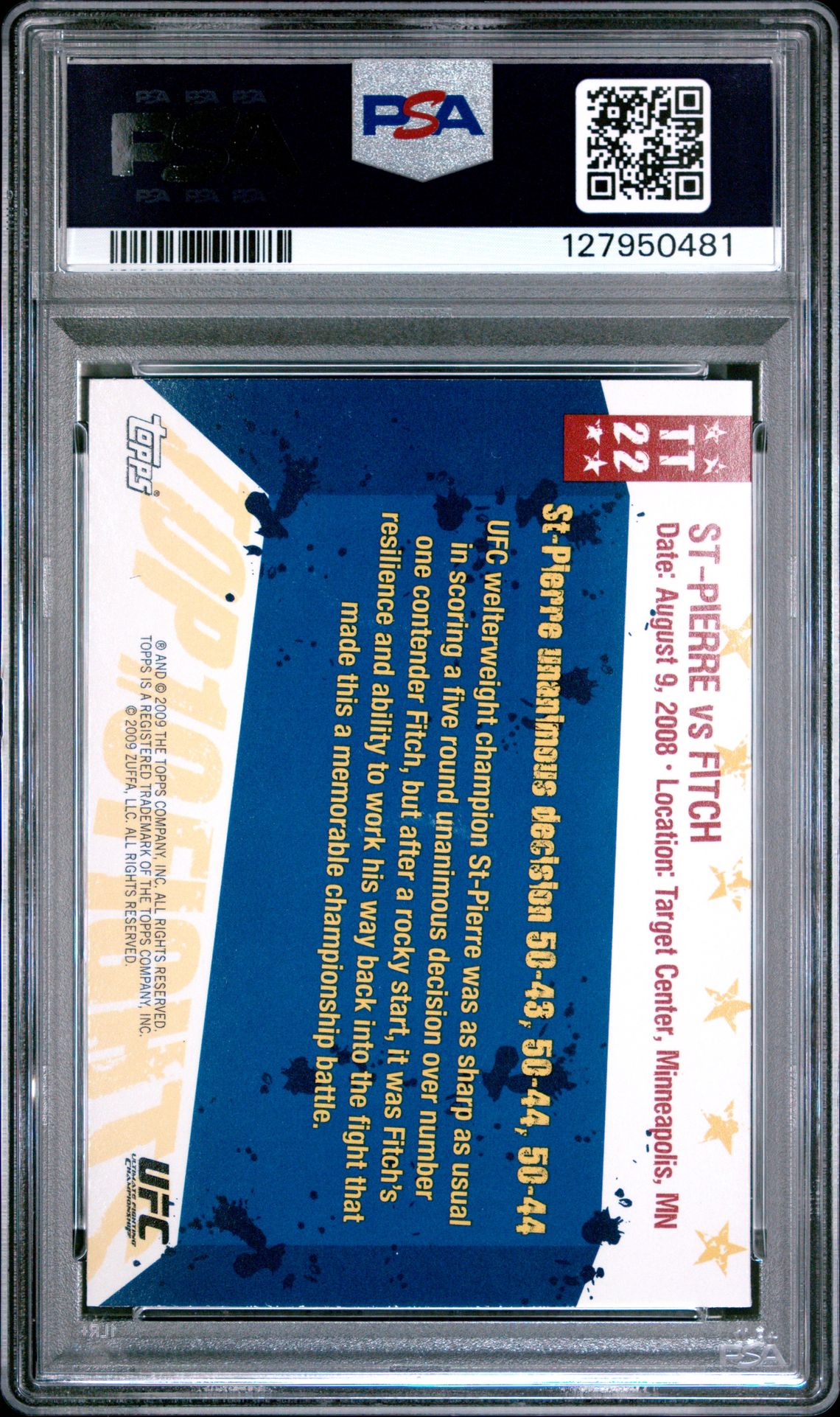 2009 Topps Ufc Round 1 Top 10 Fights Of 2008 St-Pierre Vs Fitch #Tt22 (Top 10 Fights Of 2008) Mint 9 back