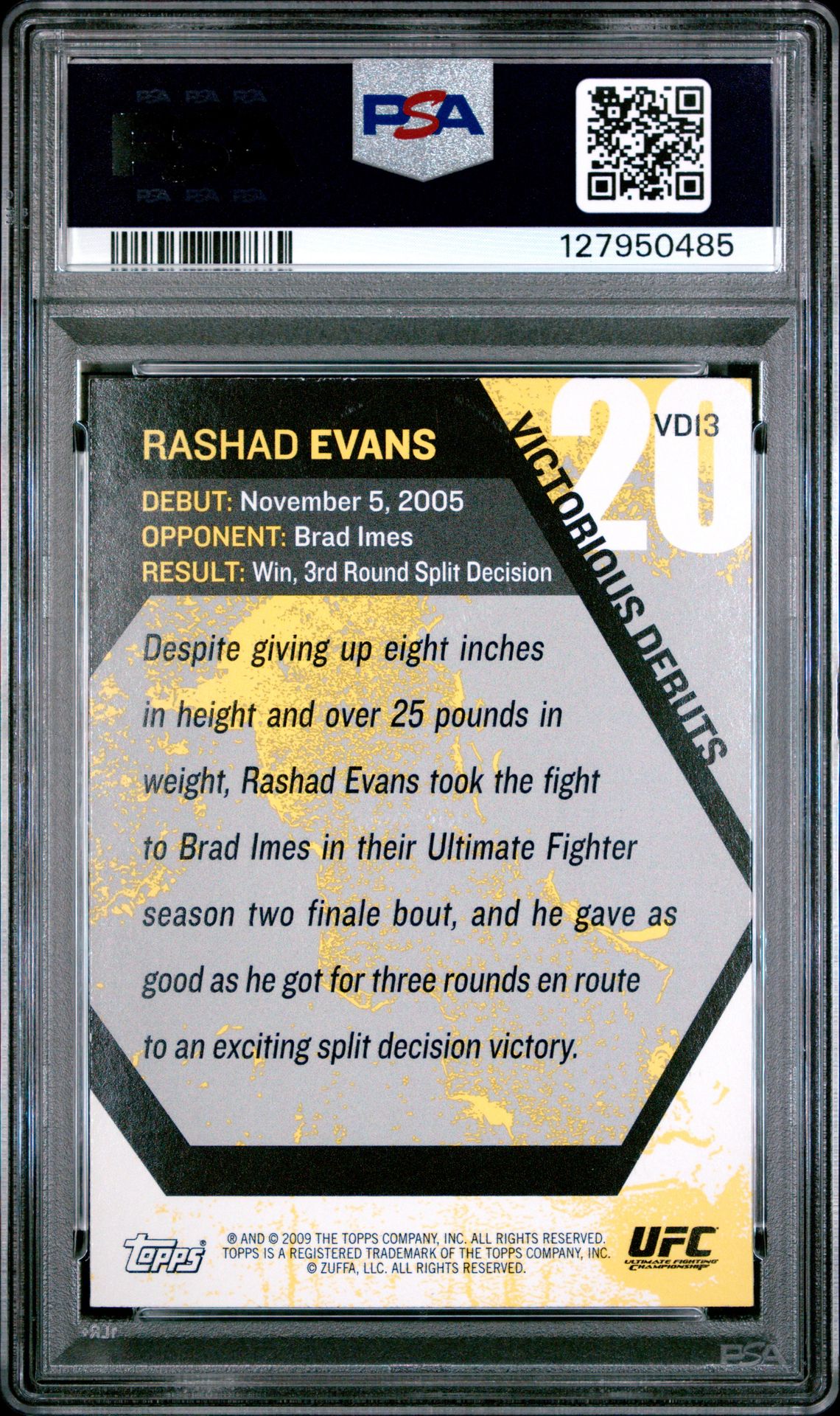 2009 Topps Ufc Round 1 Victorious Debuts Rashad Evans #Vd13 (Victorious Debuts) Mint 9 back