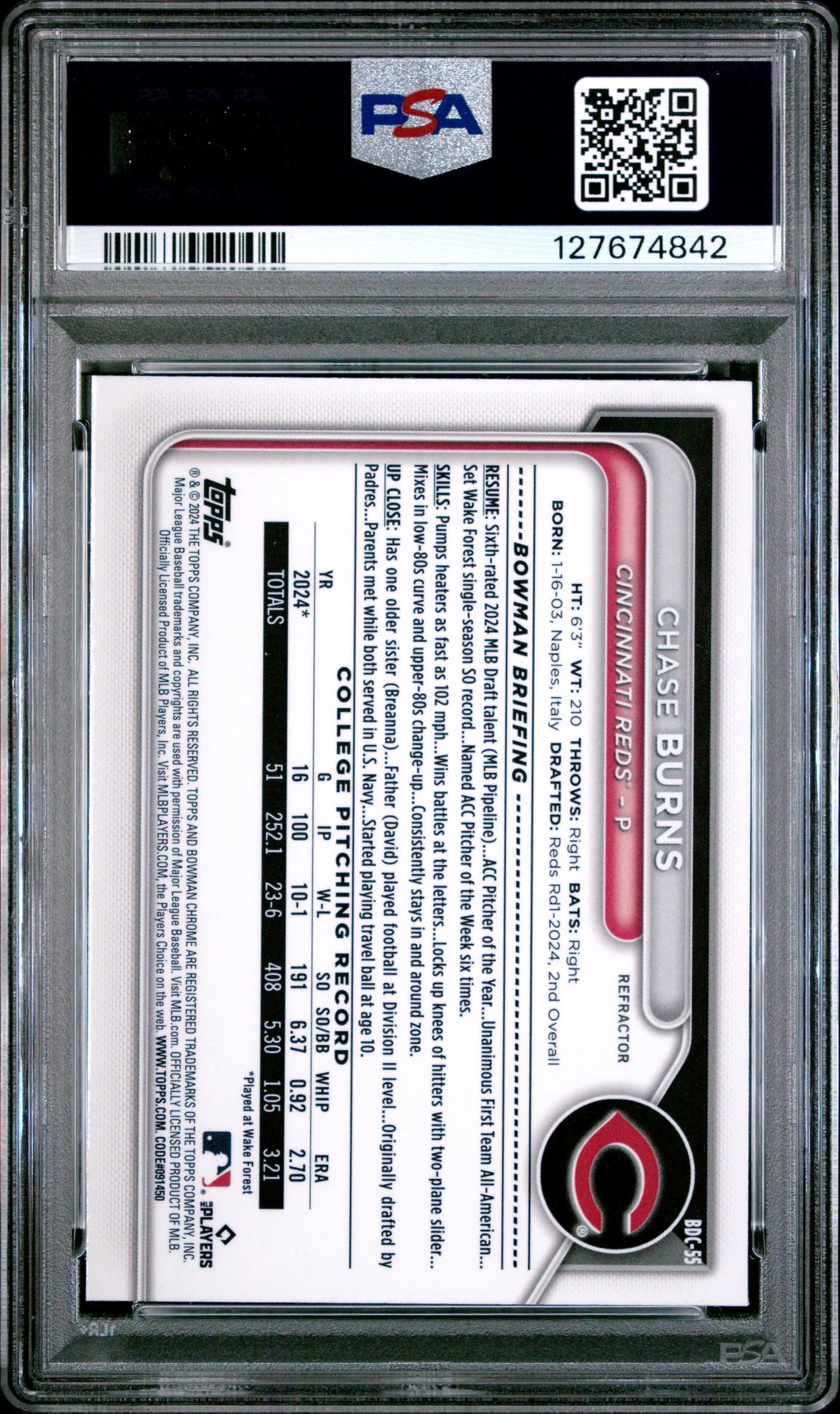 2024 Bowman Draft Chase Burns #Bdc55 (Chrome-Refractor) Mint 9 back